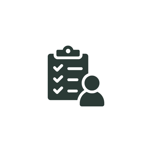 Icon of a clipboard with checkmarks and a person's silhouette indicating a task list or assessment.
