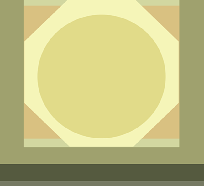 Abstract geometric pattern with large circle in the center, surrounded by squares and triangles in muted earth tones.