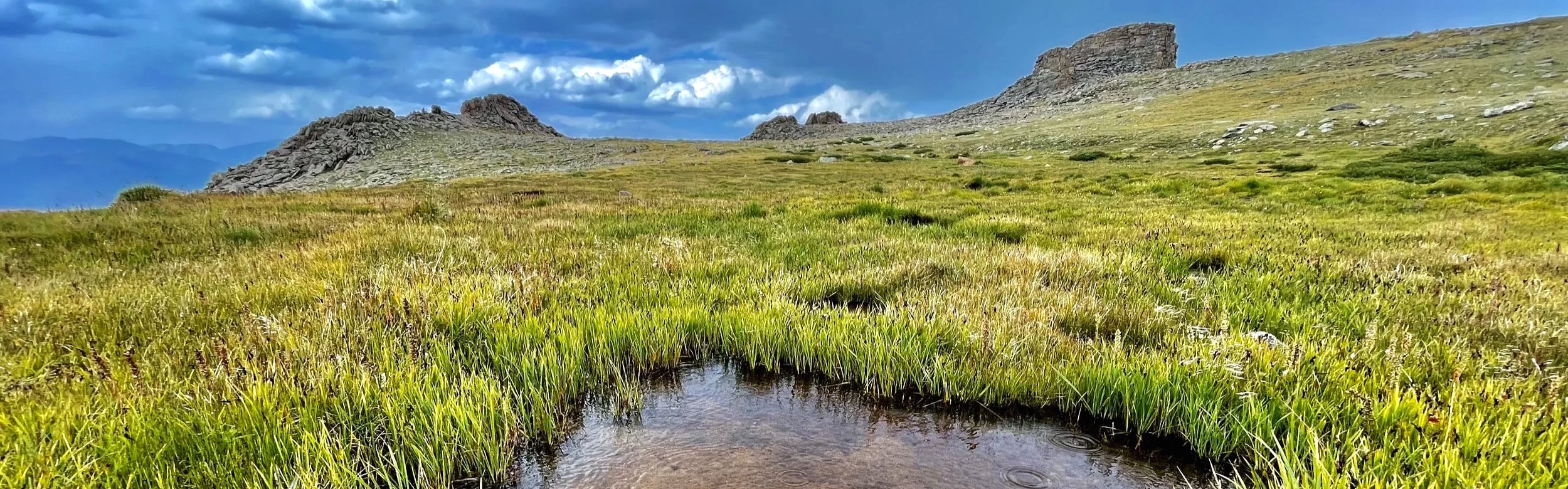 A mountain landscape with grassy fields, a small pond in the foreground, rocky formations in the middle ground, and a partly cloudy sky in the background.