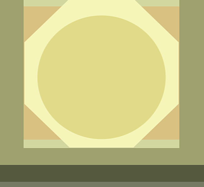 Abstract geometric design with a large yellow circle in the center, beige and green shapes surrounding it, and a horizontal strip at the bottom.