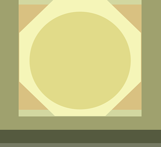 Abstract geometric design with a large central yellow circle surrounded by a hexagonal shape, set against a background with shades of green and beige.