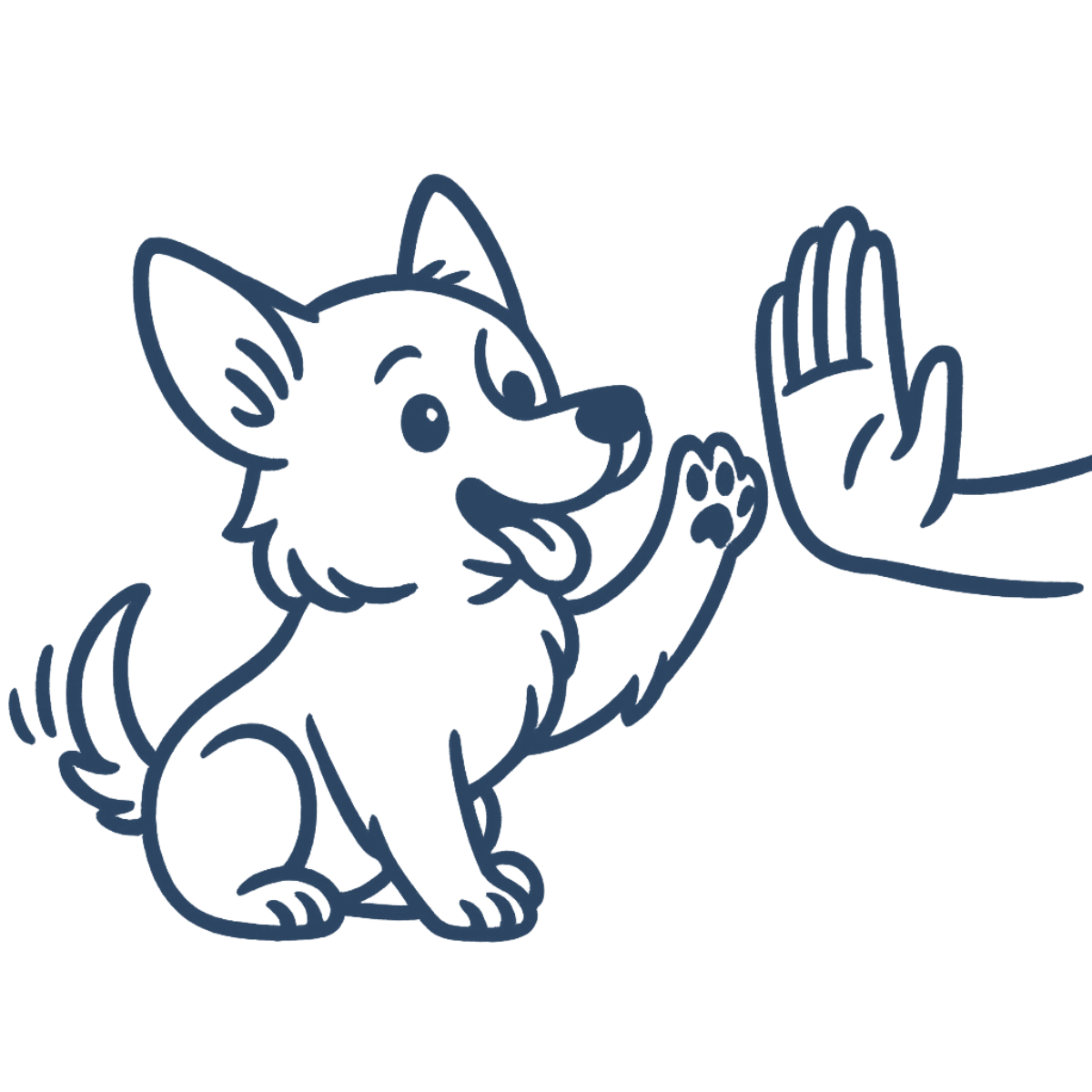A cartoon-style drawing of a puppy giving a high five to a human hand.
