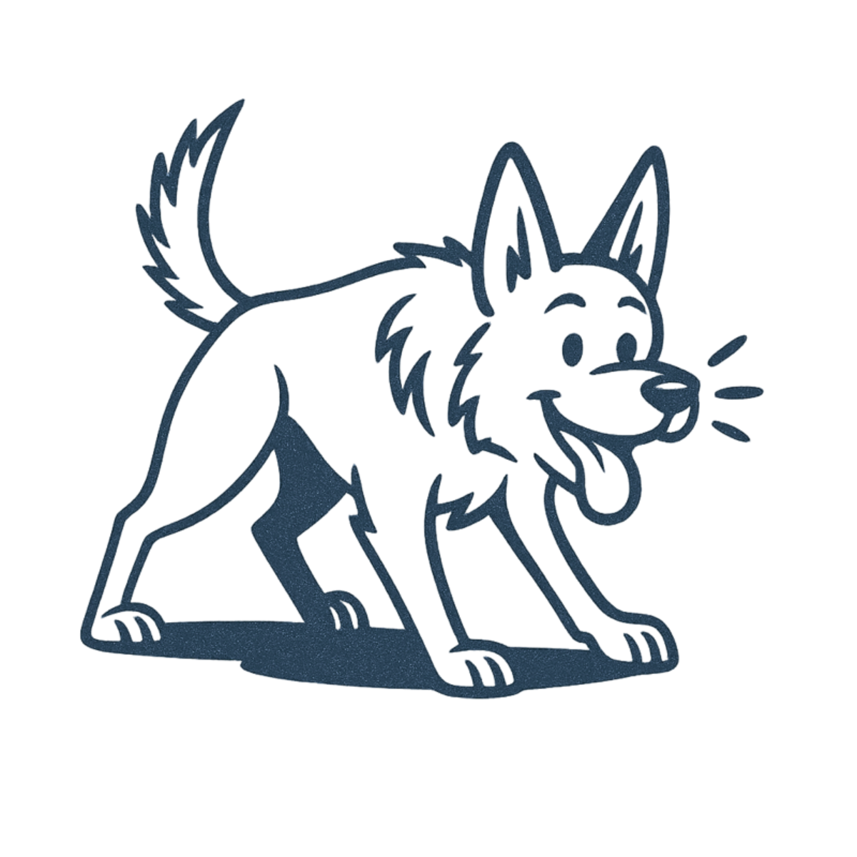 Line drawing of a dog with ears erect and tongue out.