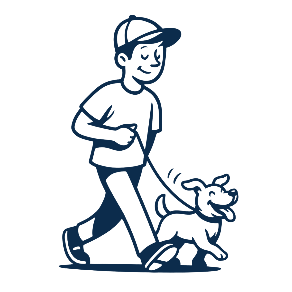 Drawing of a happy dog owner walking his dog, both smiling.