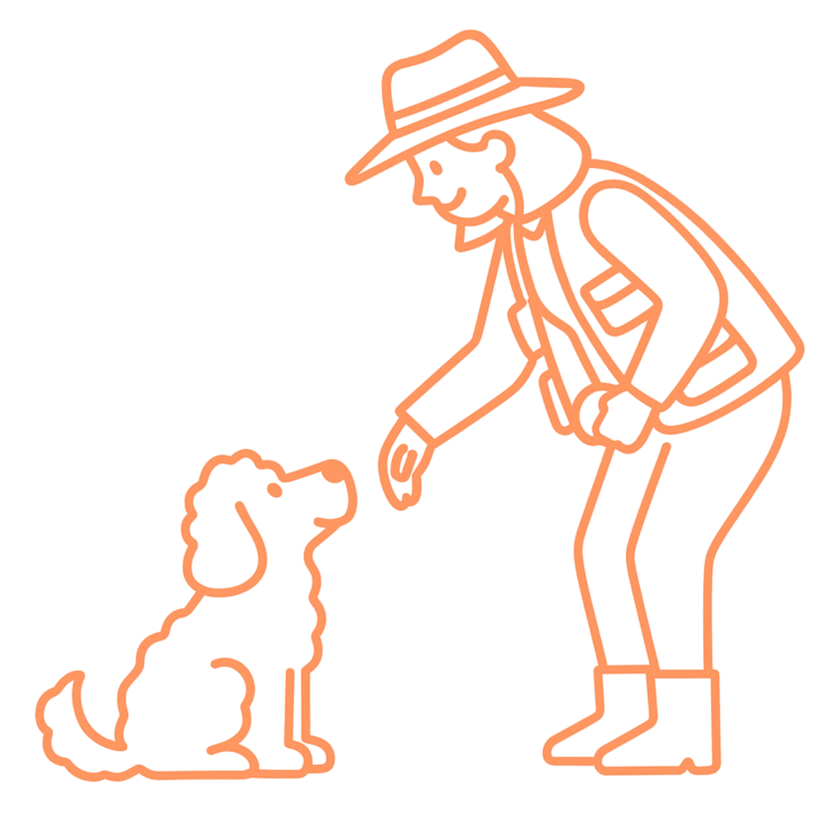 Drawing of BB, positive reinforcement dog trainer in Oakland, CA,  bending over to pet a dog.