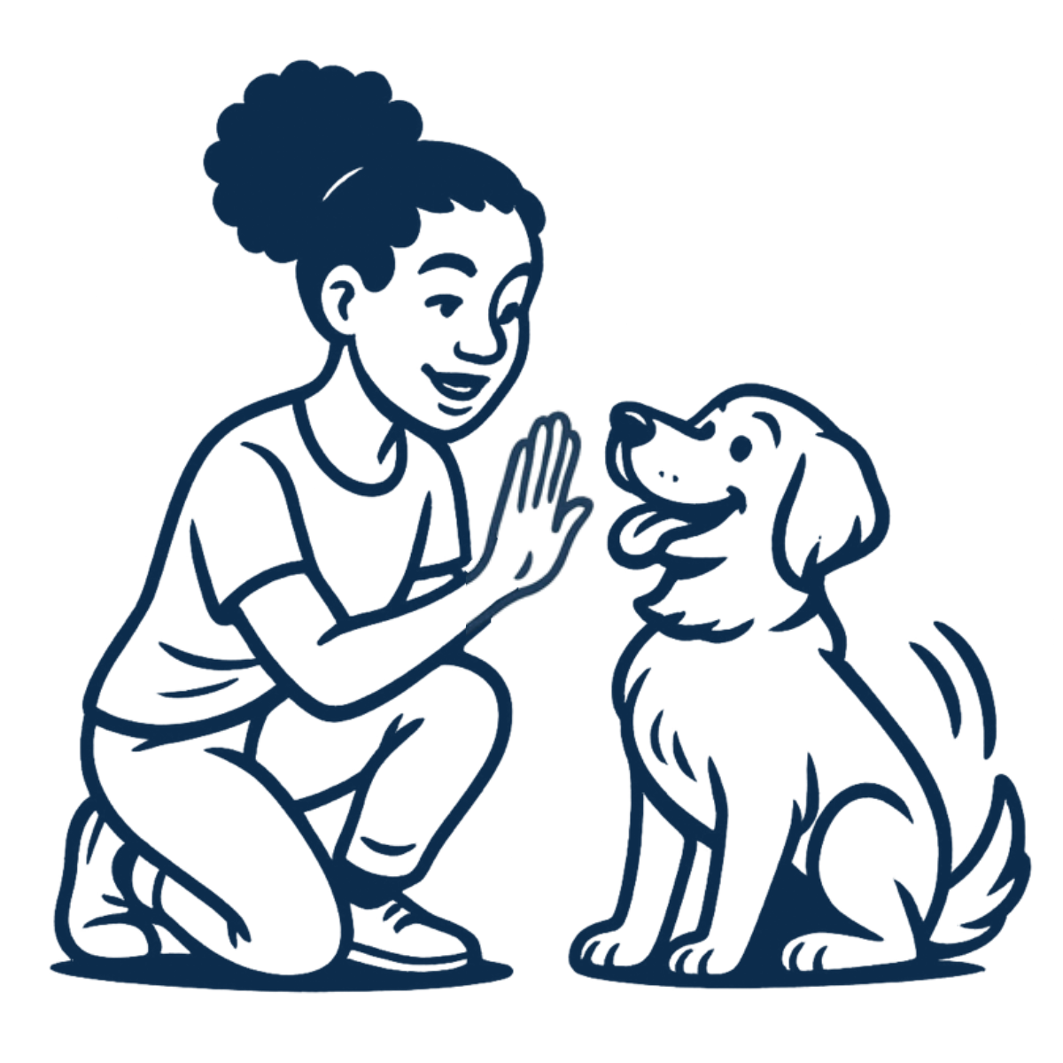 Outline illustration of a dog owner kneeling and indicating "stop" to a dog, both facing each other.