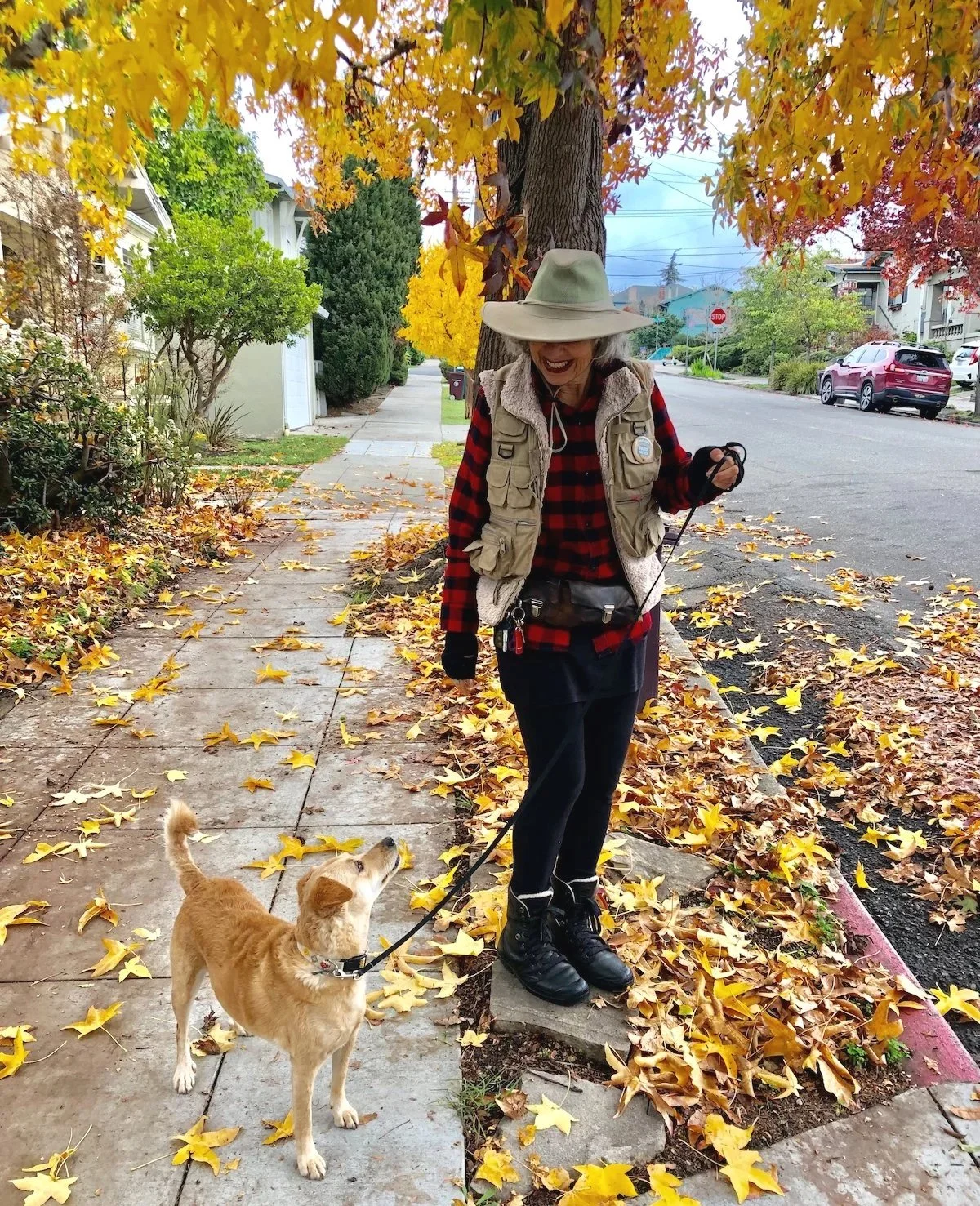 A positive reinforcement dog trainer in Oakland wearing a wide-brim hat, red plaid shirt, beige vest, and black pants walking her small tan dog on a leash on a fall sidewalk, with colorful autumn leaves on the ground.