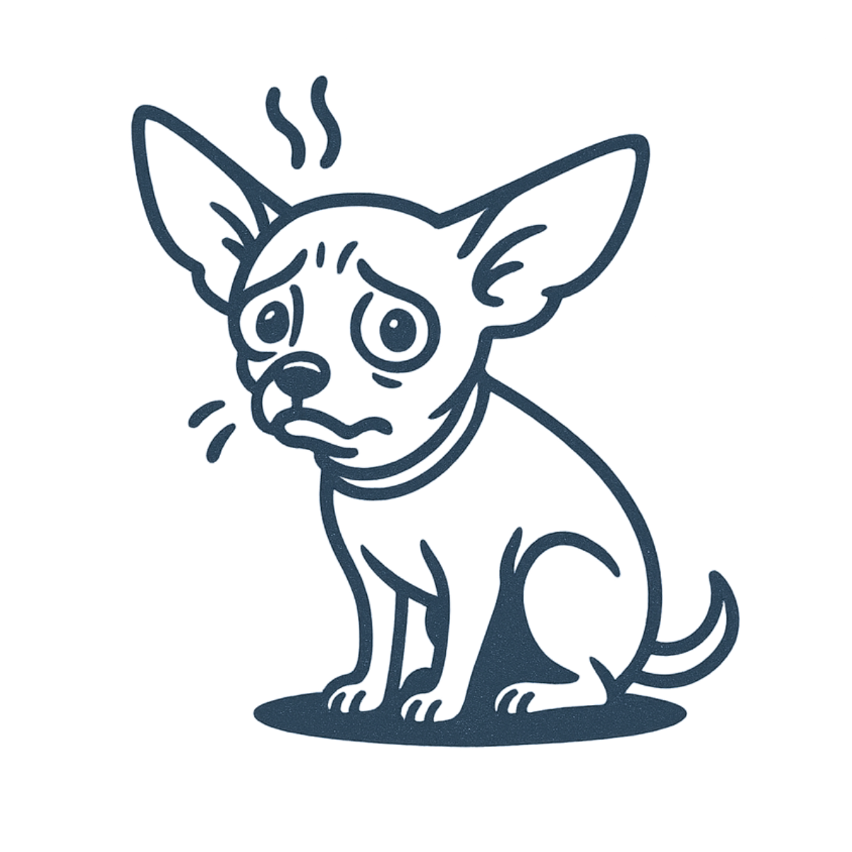 Outline of an anxious Chihuahua sitting on a patch of ground.