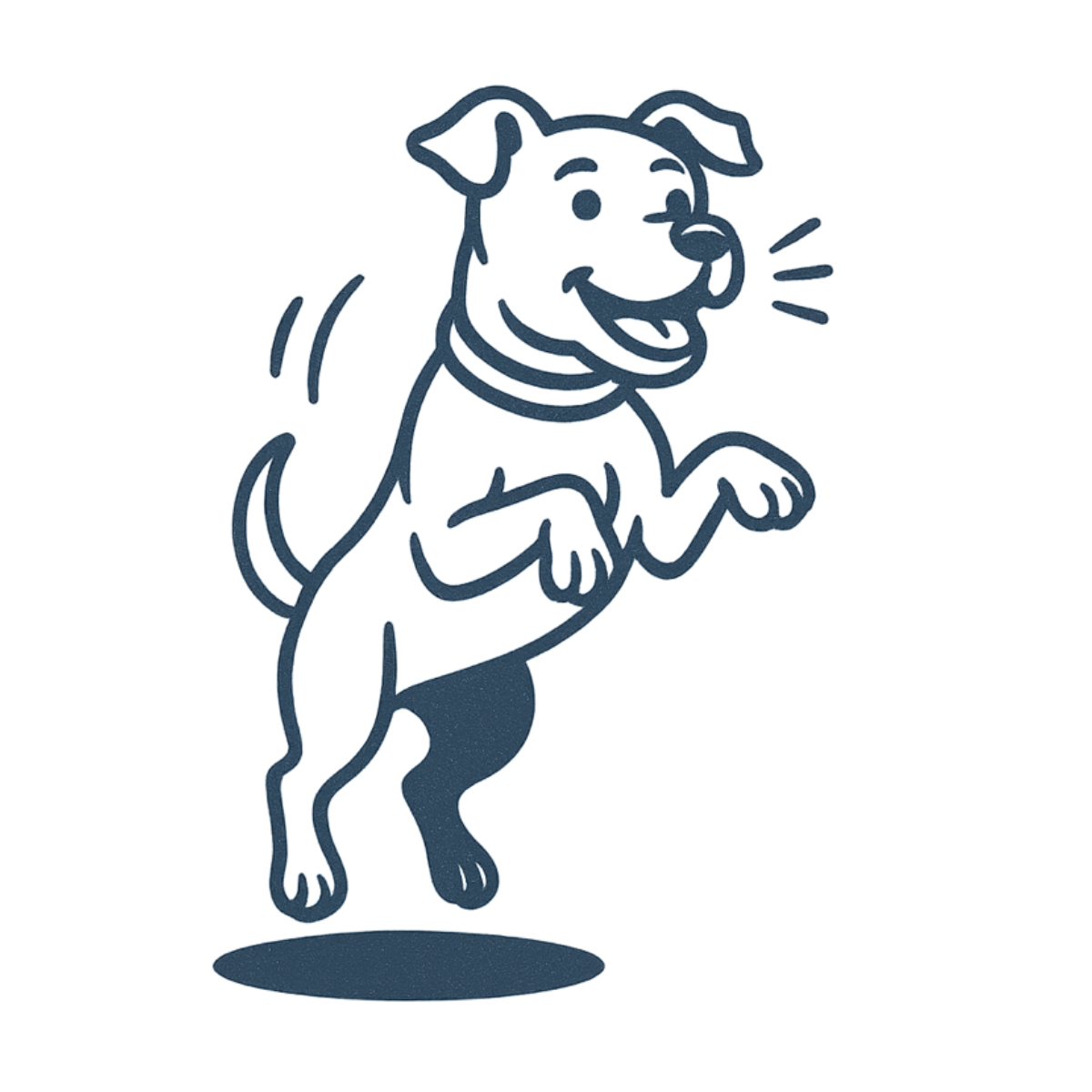 Drawing of a cartoon style pitbull with a smiling expression, jumping up in the air.