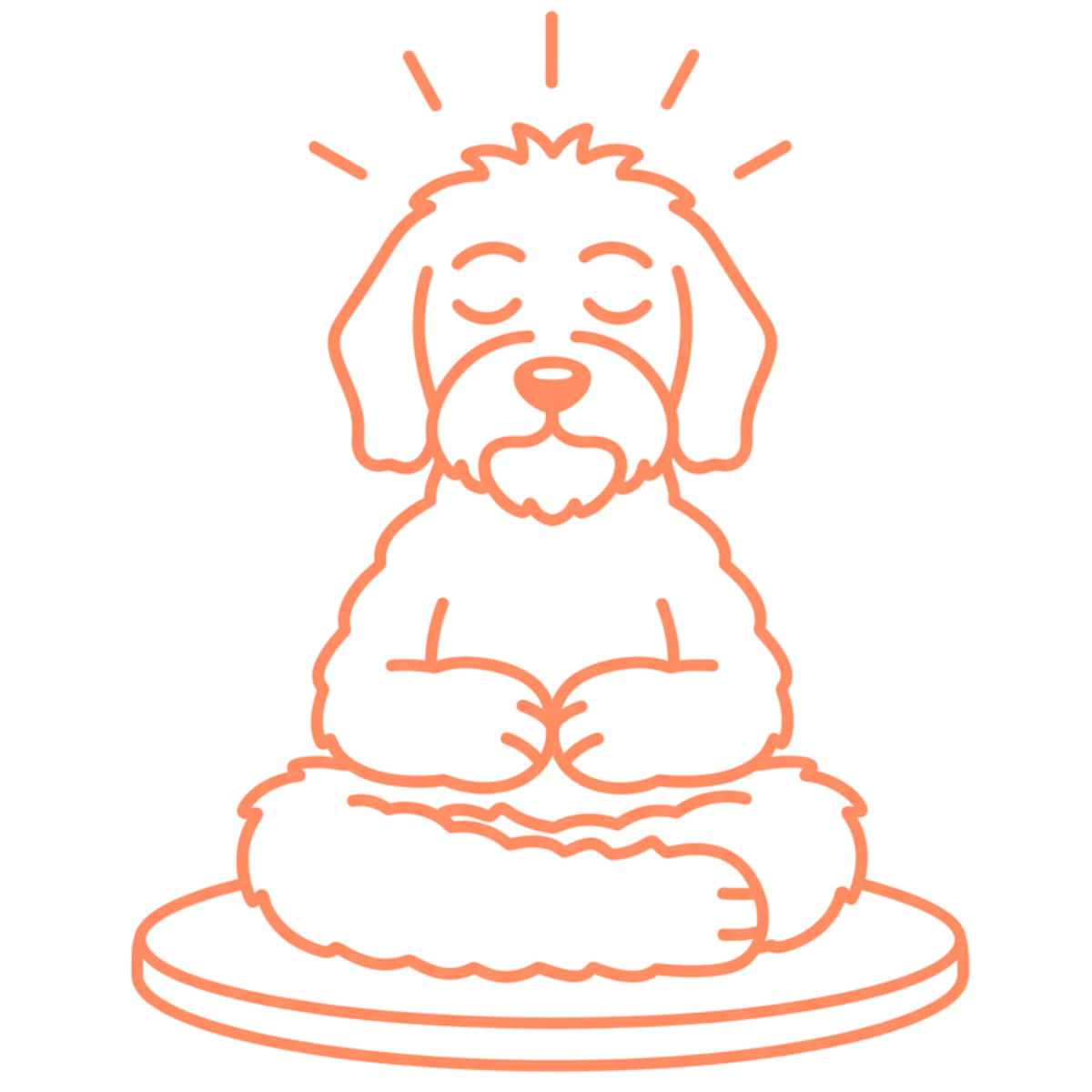Outline of a dog sitting cross-legged on a meditation cushion.