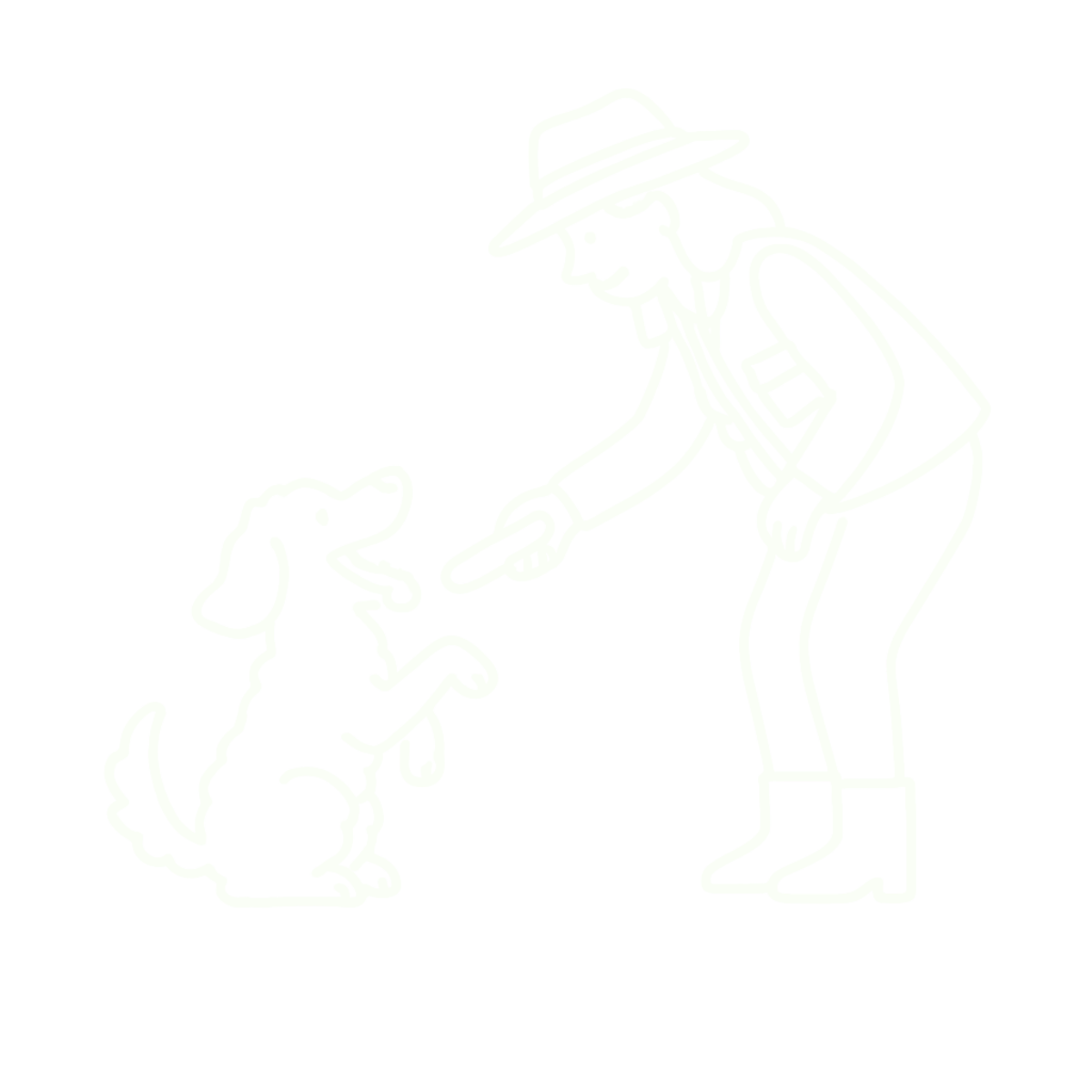 White line drawing of BB, dog trainer in Oakland, giving a dog a treat, with the dog sitting on its hind legs.