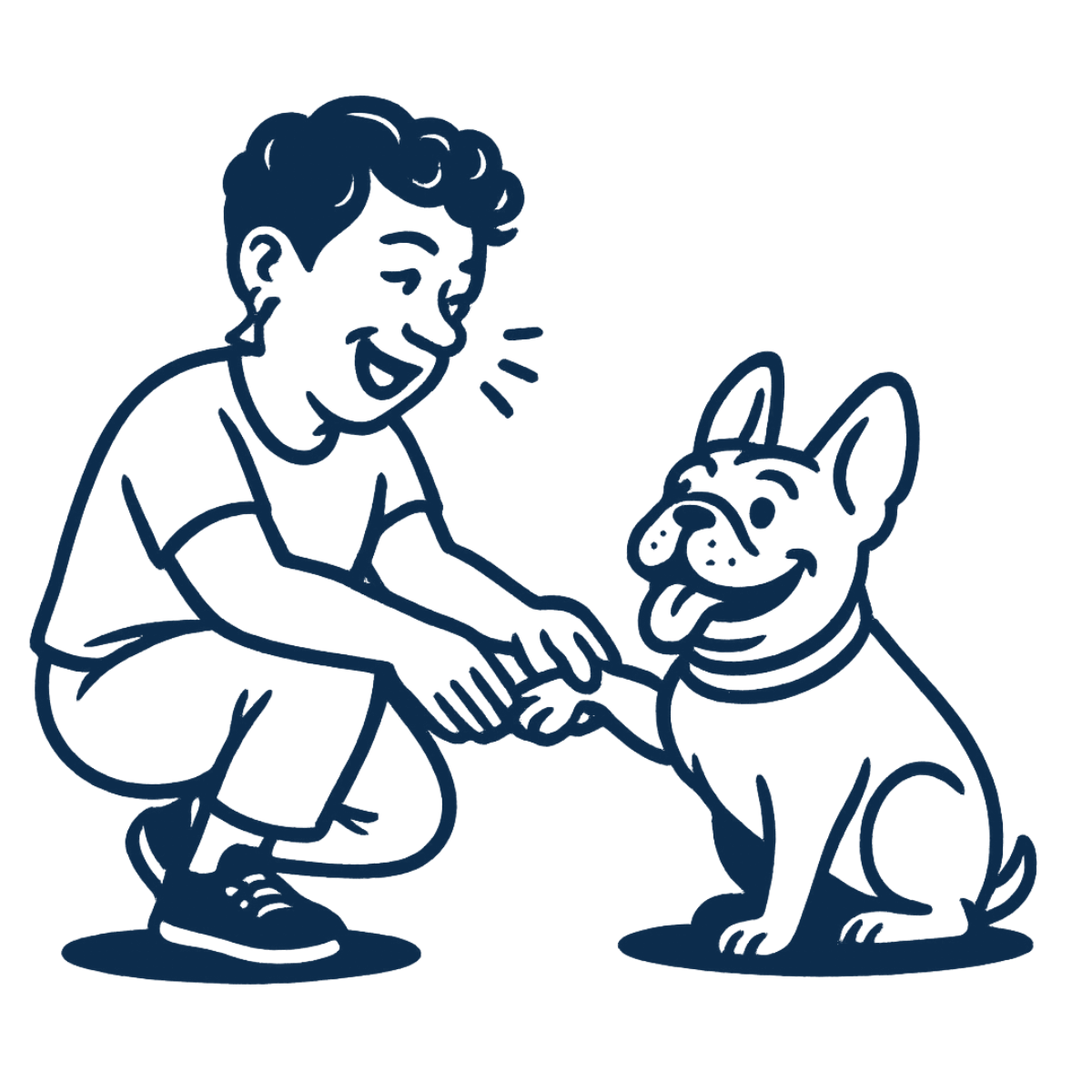 A line drawing of a dog owner playing with a French Bulldog puppy, both smiling, with the person crouching while holding the puppy's paw.