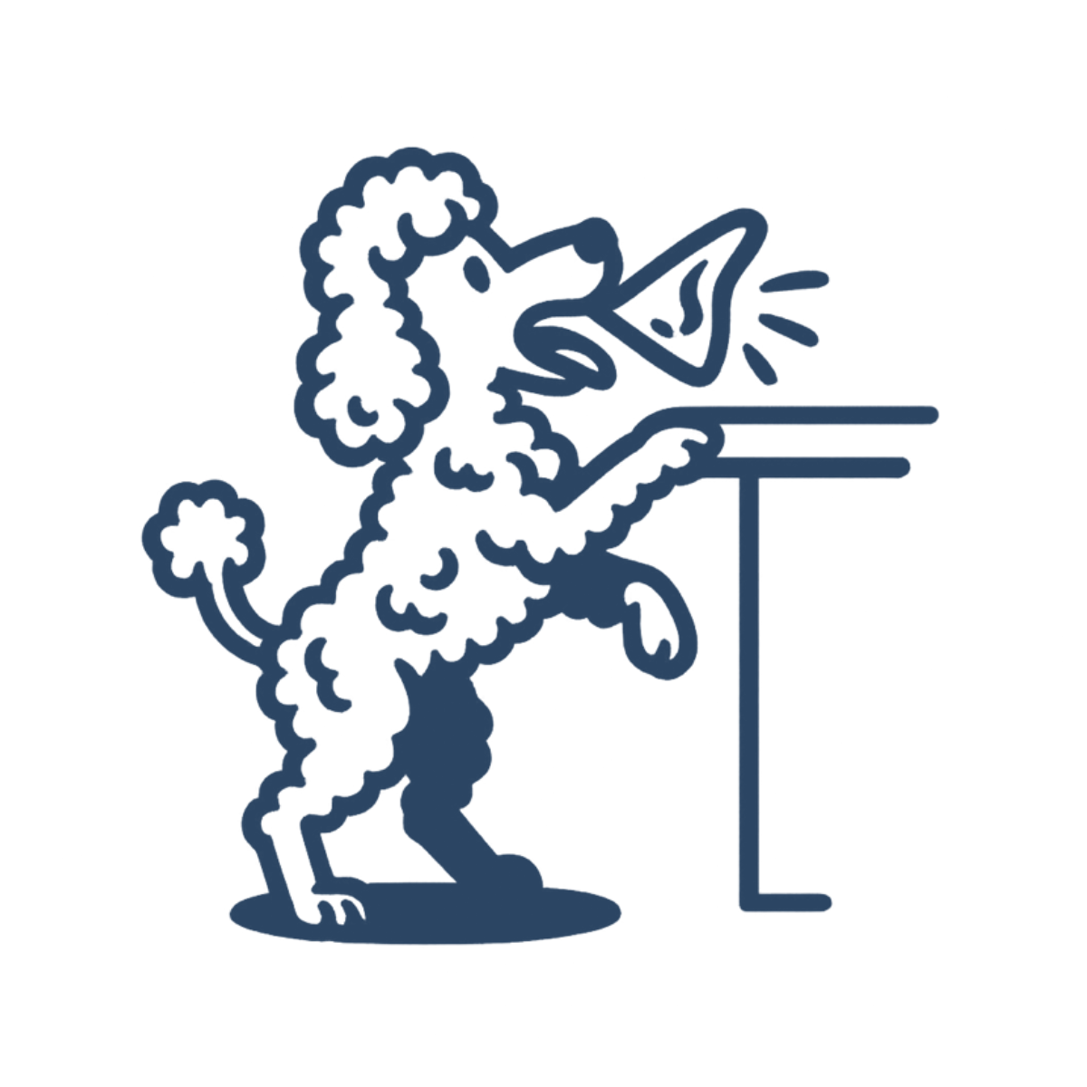 Line drawing of a poodle standing on two legs and stealing food from a counter.