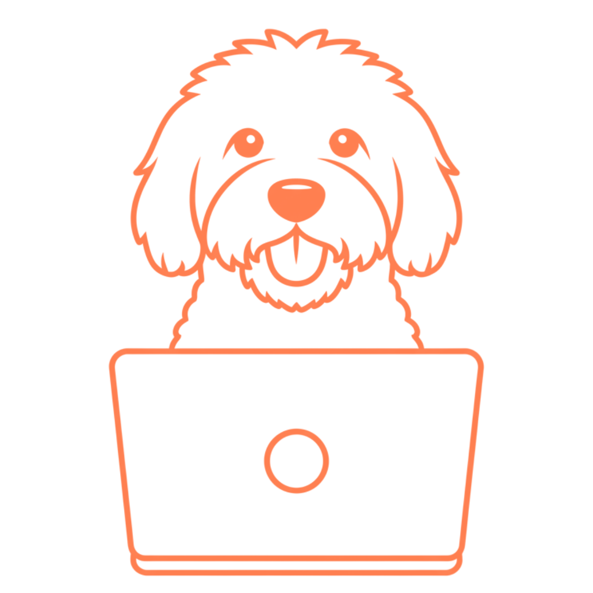 Line art drawing of a cute dog with floppy ears and tongue sticking out sitting behind a laptop.