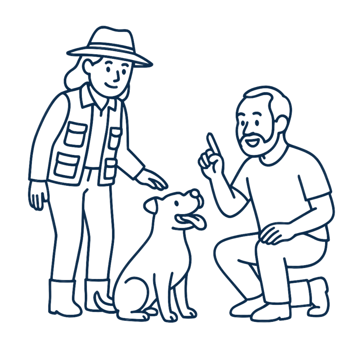 Line drawing BB, dog trainer in Oakland, training a dog owner.