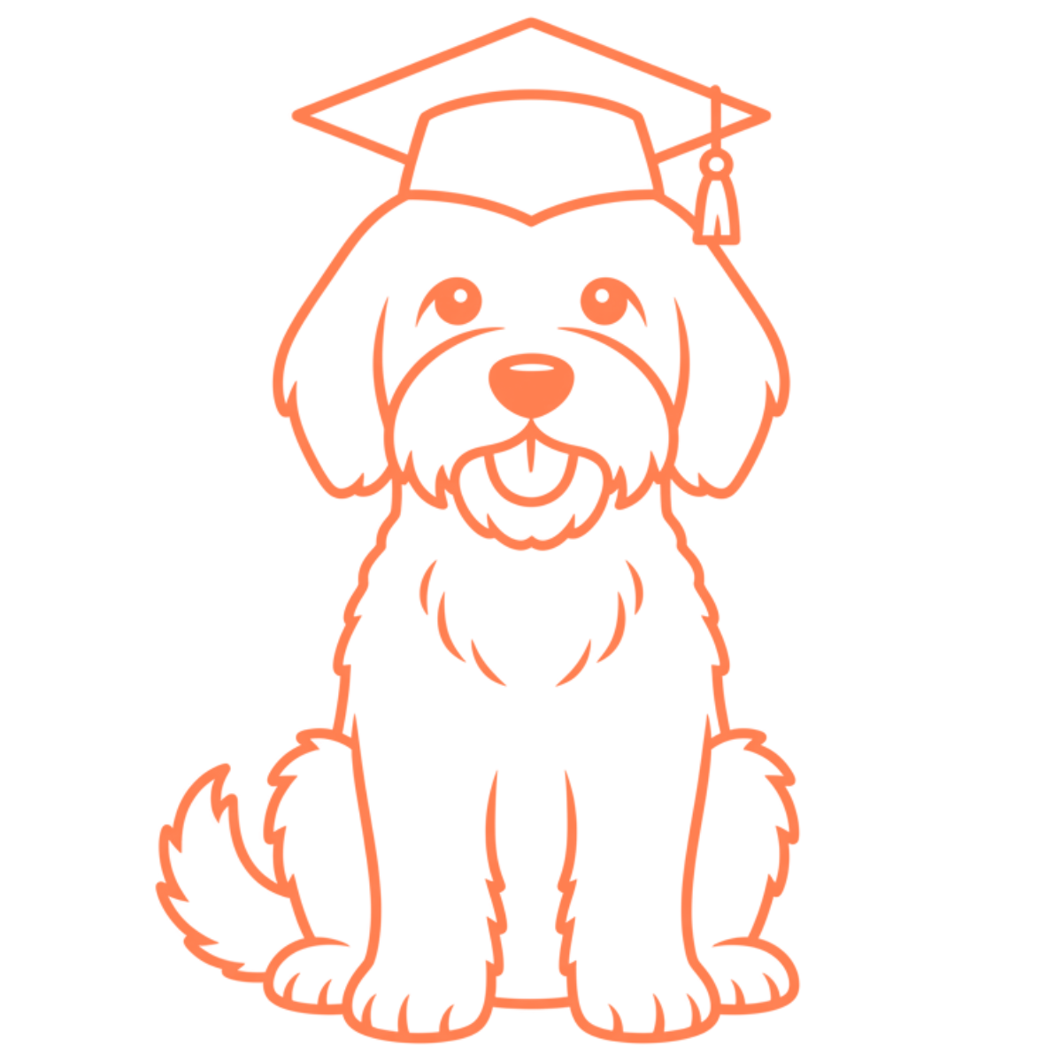Line drawing of a happy dog wearing a graduation cap.