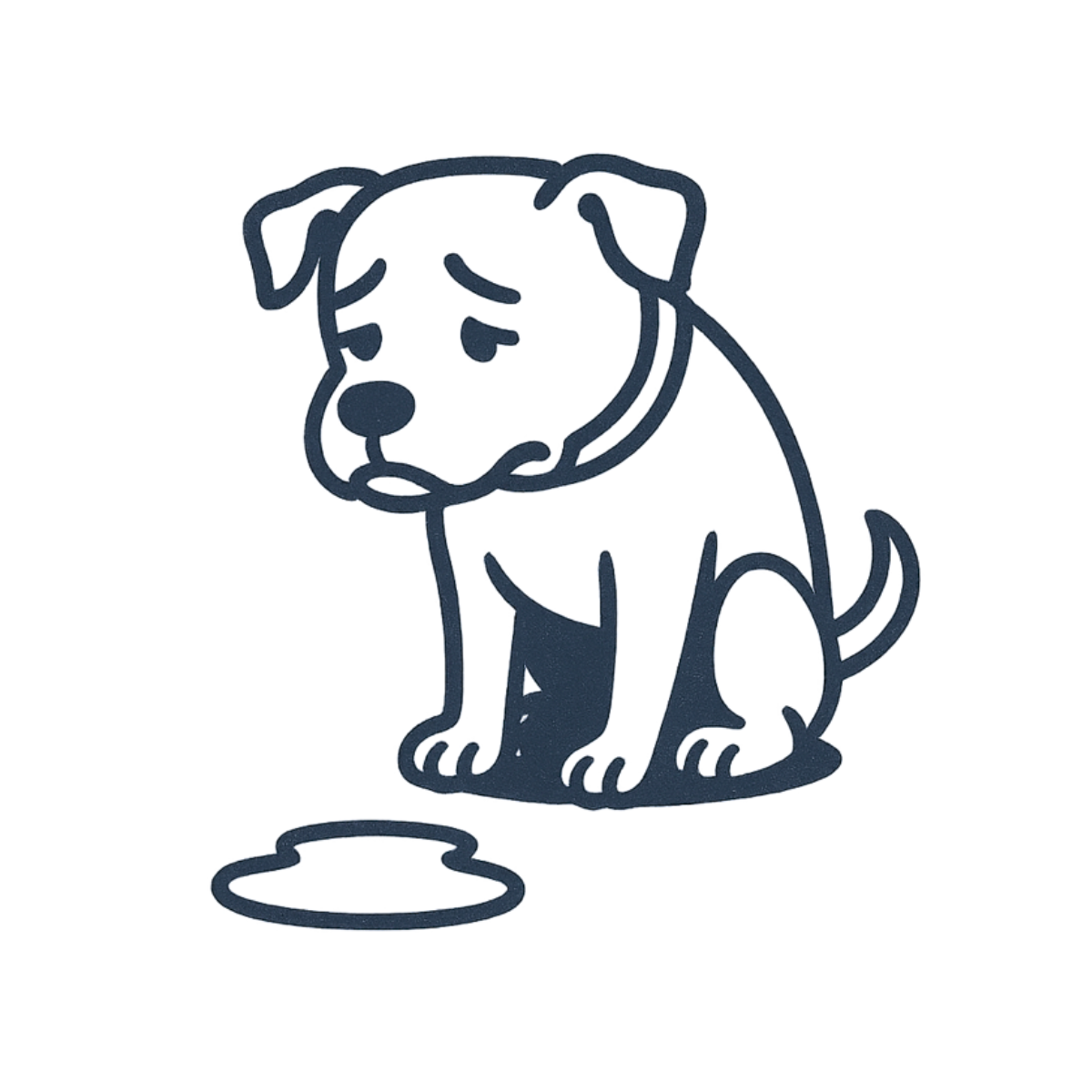 Line drawing of dog looking sad after having an accident.