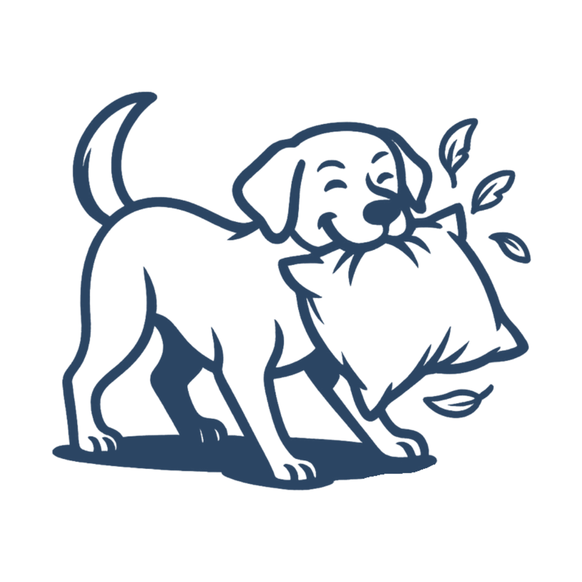 Cute line drawing of a dog with a happy expression, standing on all fours, holding a pillow in its mouth, feathers flying everywhere.