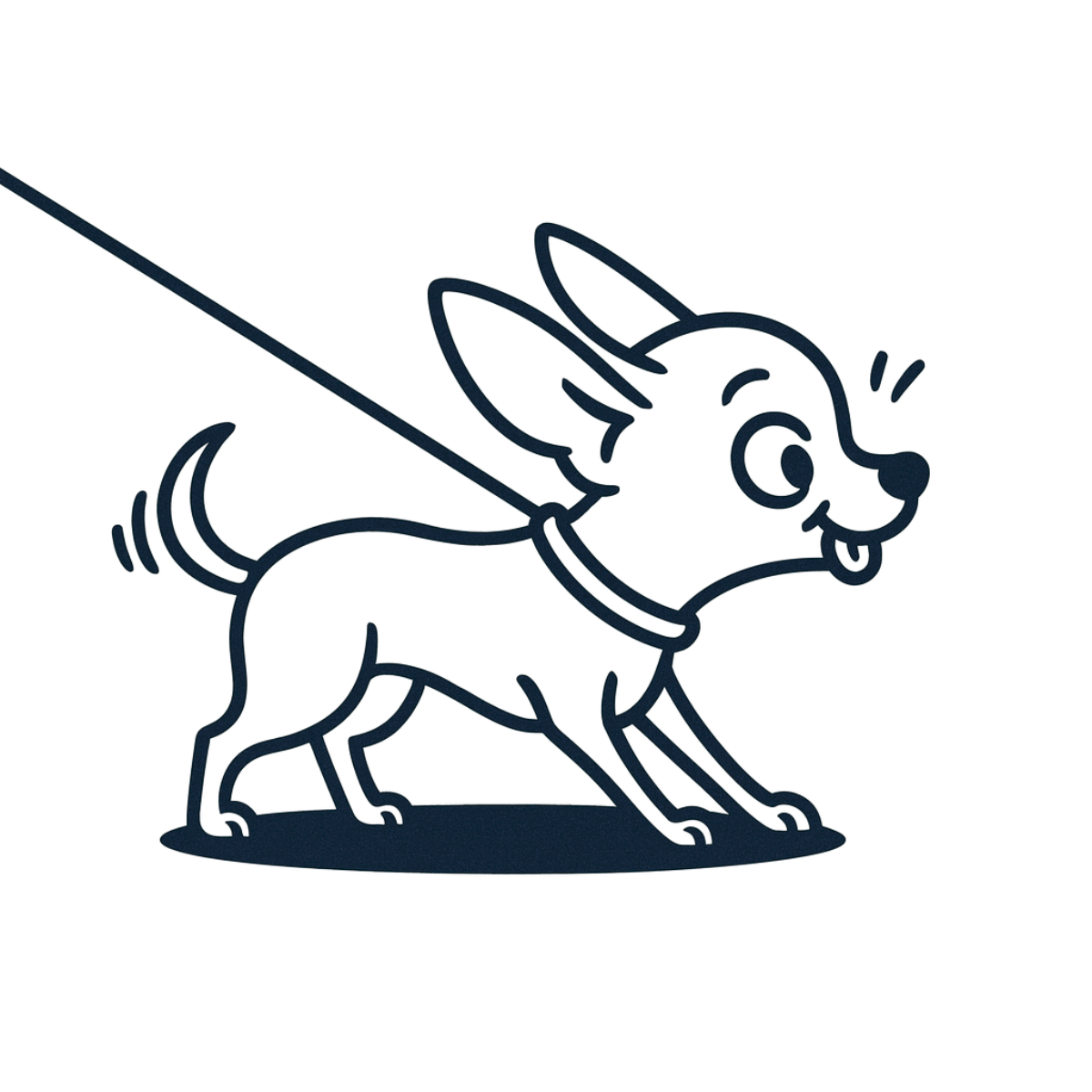 Cartoon illustration of a Chihuahua with tugging on a leash.