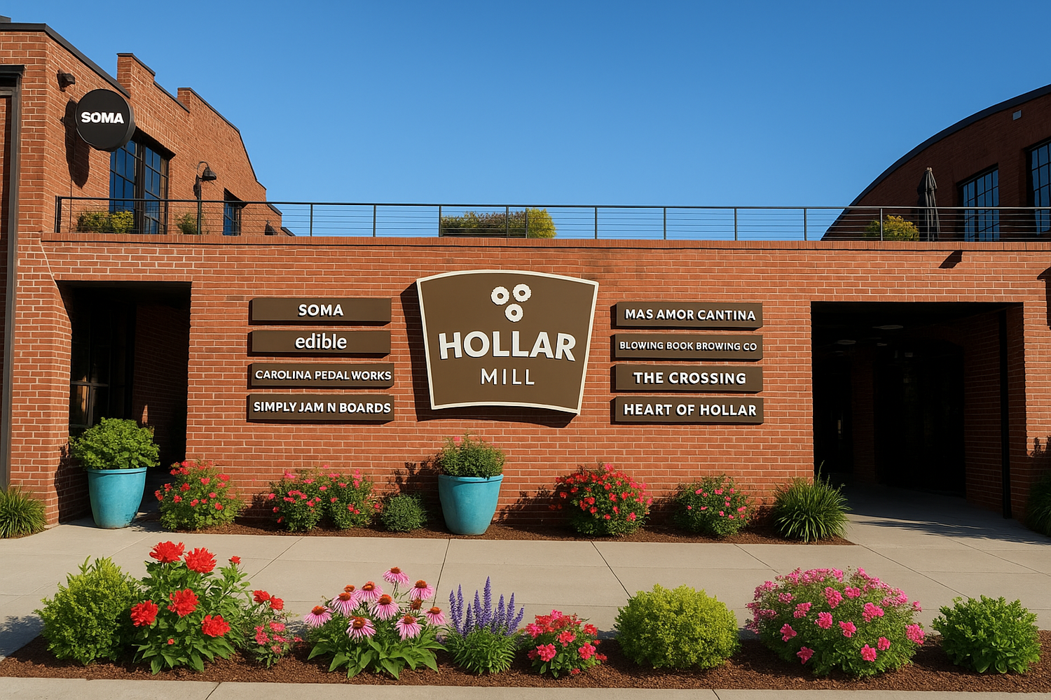 A brick building with signs, flowers, and potted plants in front. The signs read 'Hollar Mill' and list various businesses including SOMA, edible, Carolina Pedal Works, Simply Jam N Boards, Mas Amor Cantina, Blowing Book Browsing Co, The Crossing, an