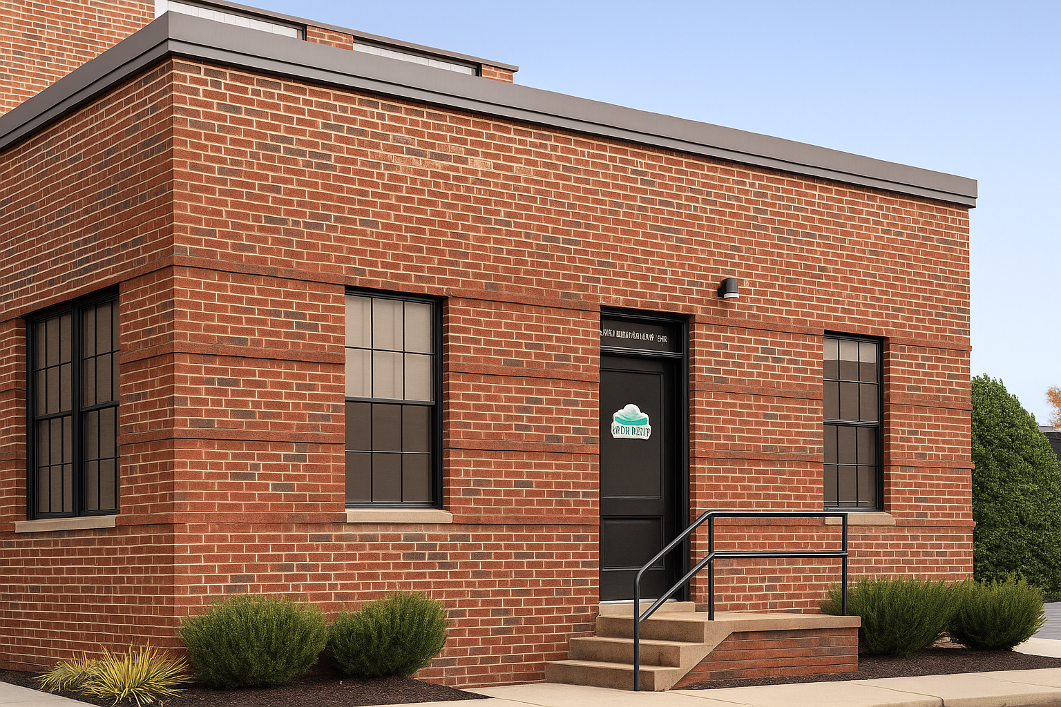 Red brick building with large windows and a black door, small steps with railing, and bushes in front.