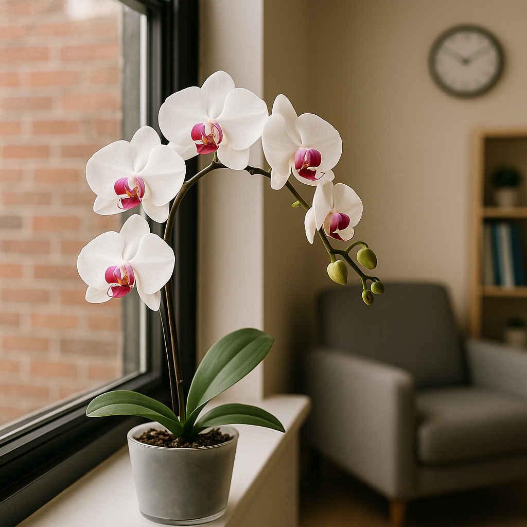 A potted white orchid with pink centers sitting on a windowsill in a cozy living room.