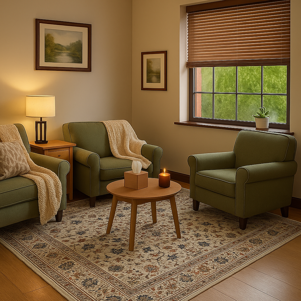 A cozy living room with three green armchairs, a wooden coffee table with a lit candle, a side table with a lamp, framed landscape paintings, a window with blinds showing greenery outside, and a patterned rug.