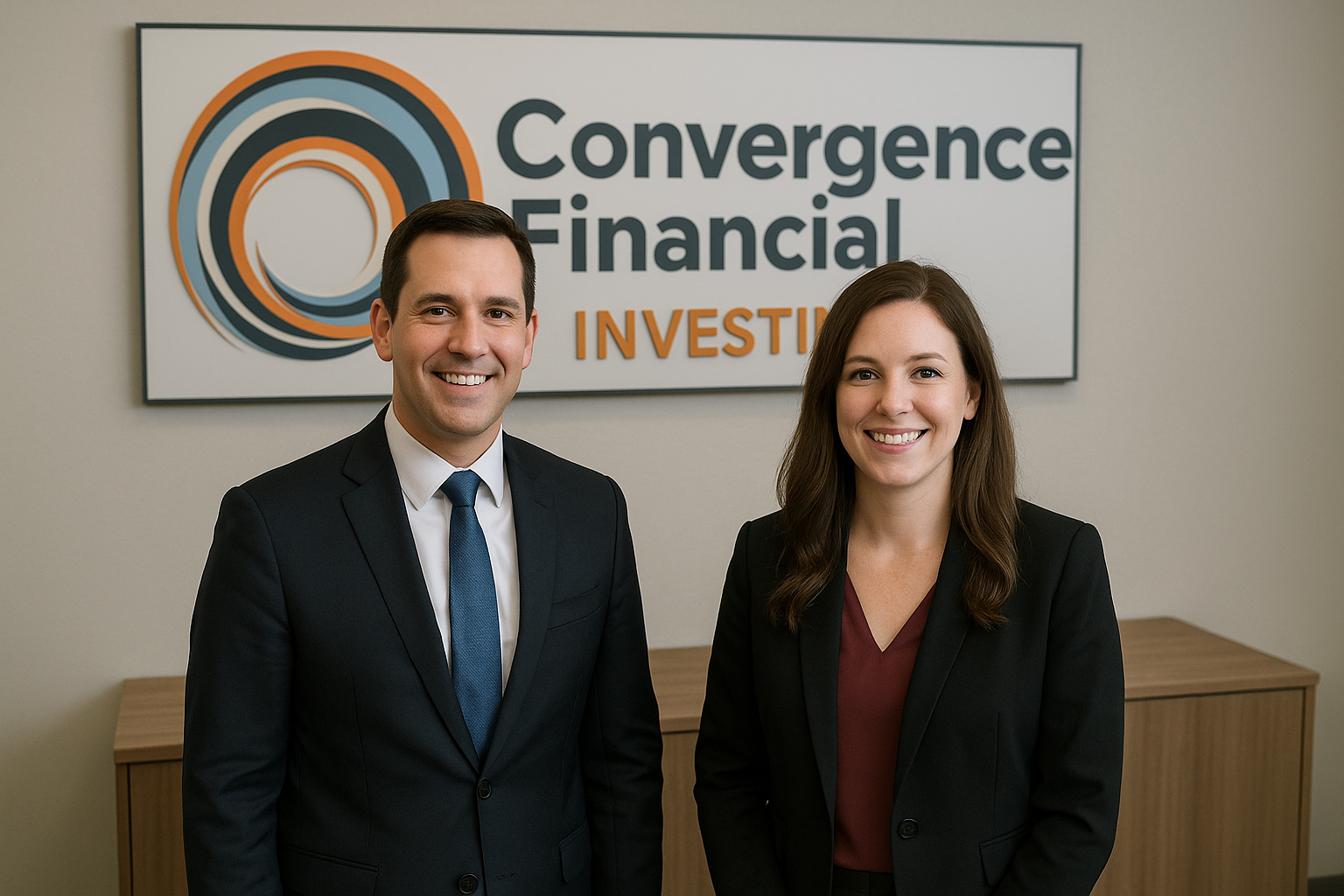 Two professionally dressed people, a man and a woman, standing in front of a sign that reads "Convergence Financial INVESTI" at an office.