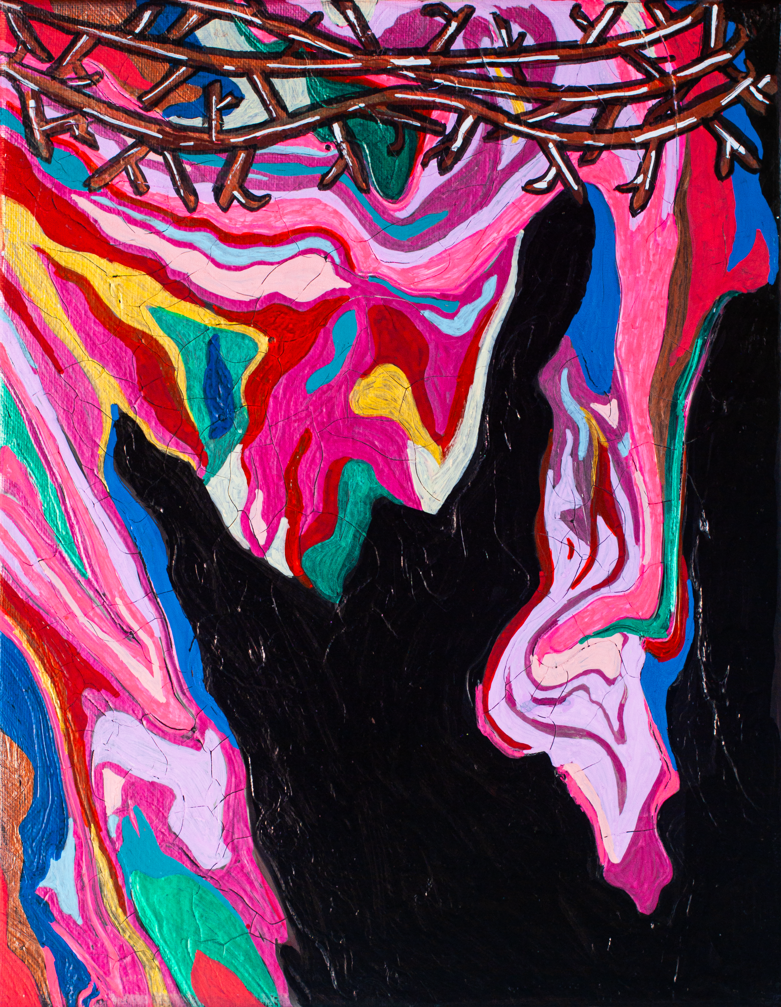 An abstract painting of Jesus Christ with a crown of thorns on his head, created with vibrant colors and swirling patterns.
