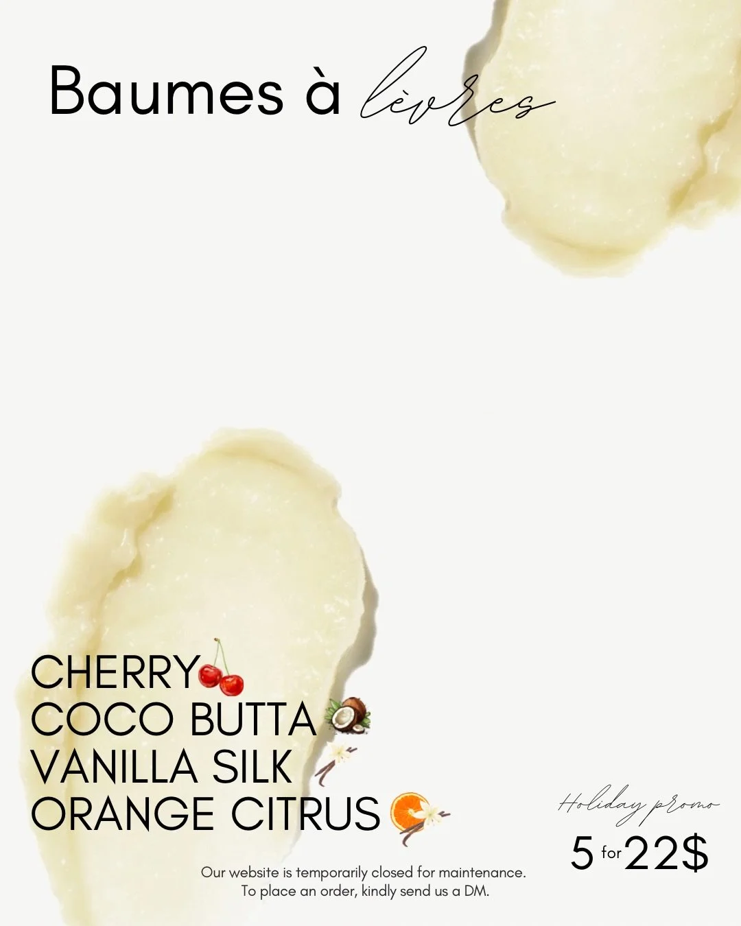 ✨ 5 Lip Balms for 22$ ✨
Nourish your lips the natural way.
Handmade, ethical, and crafted in Canada with love.
Limited offer &mdash;
Please feel free to DM to place an order, while we rejuvenate our website🤍