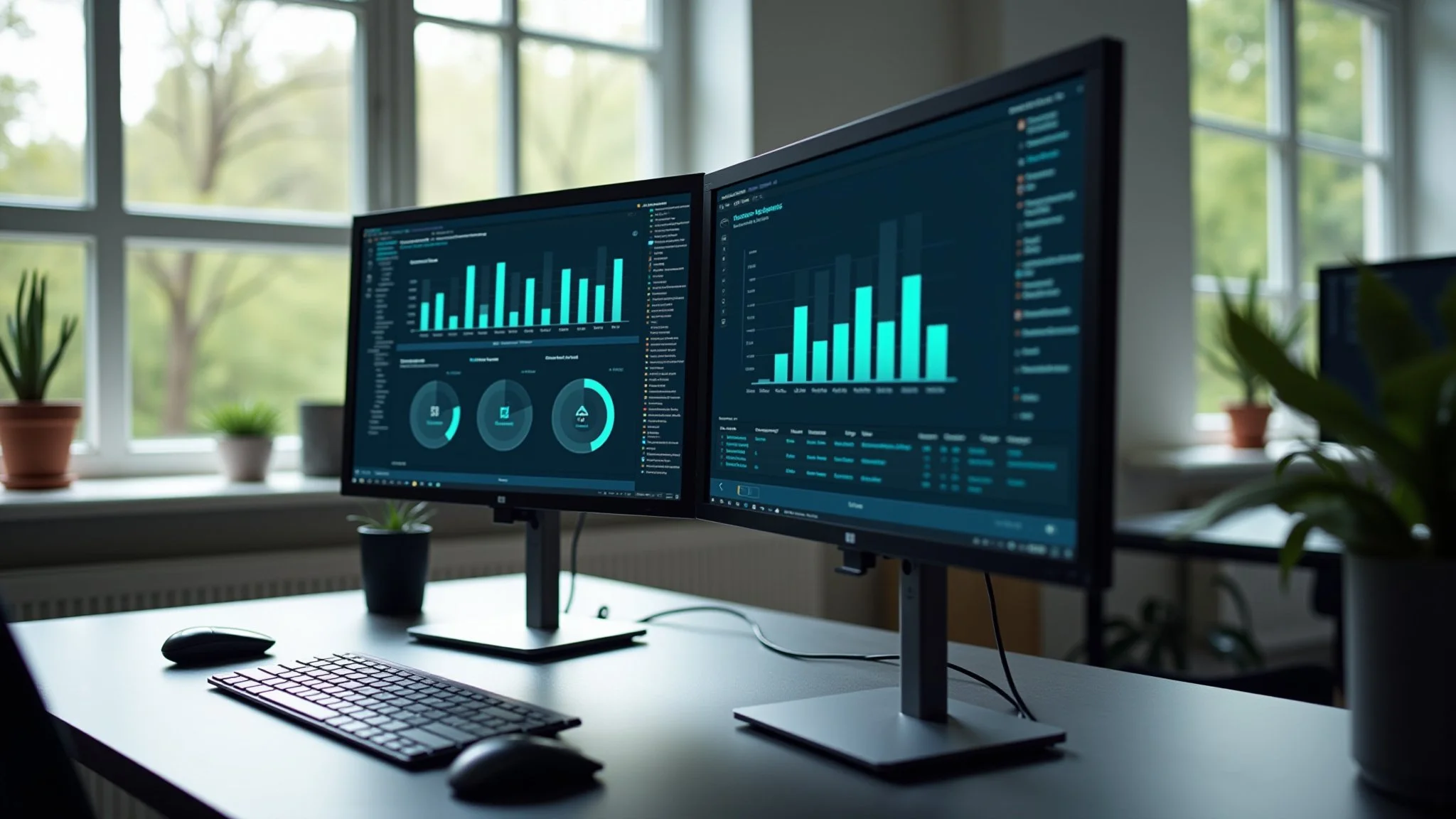 Workspace with dual monitors displaying data visualizations, a keyboard, a mouse, and potted plants near a window.