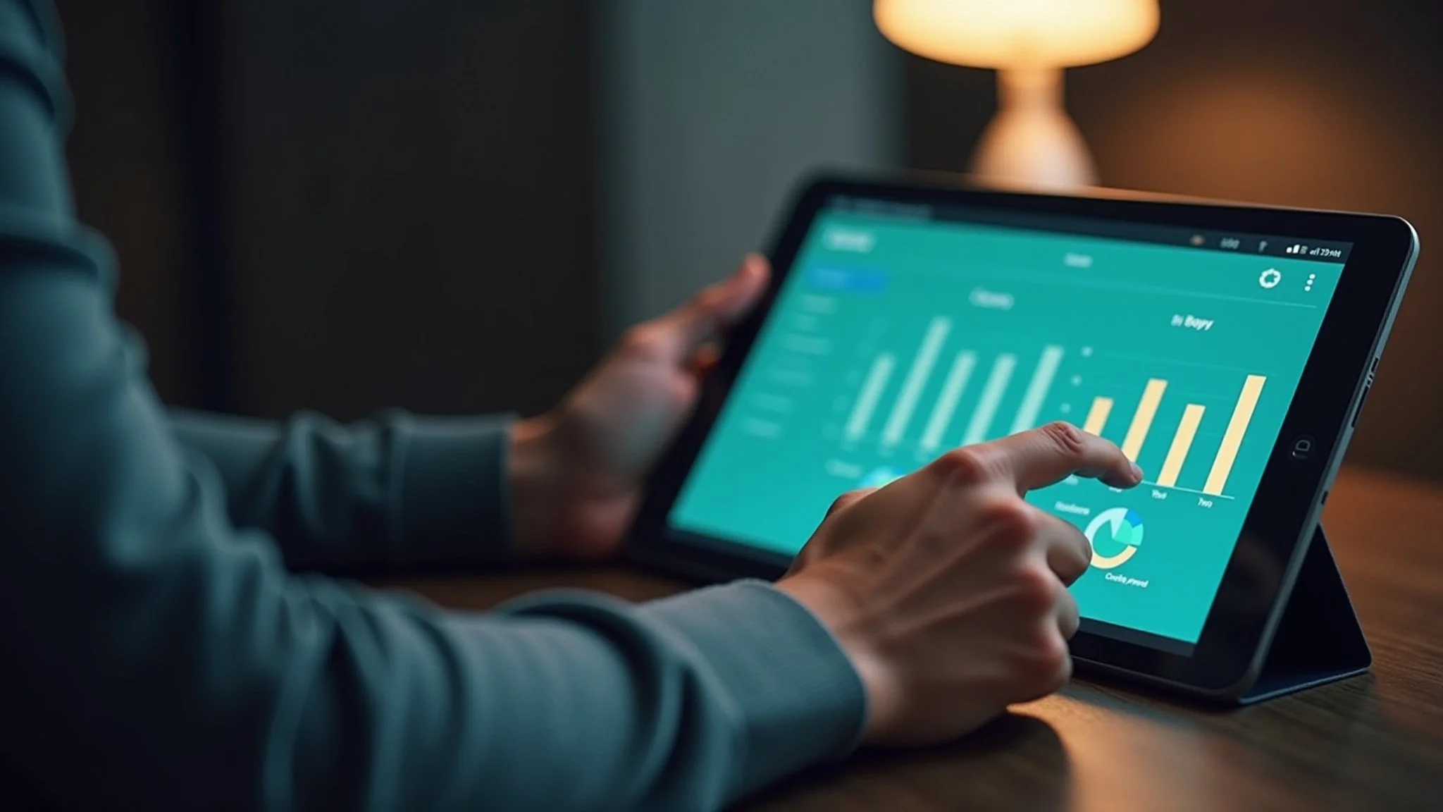 Person using a tablet displaying a financial dashboard with bar graphs and a pie chart in a dimly lit room with a lamp in the background.