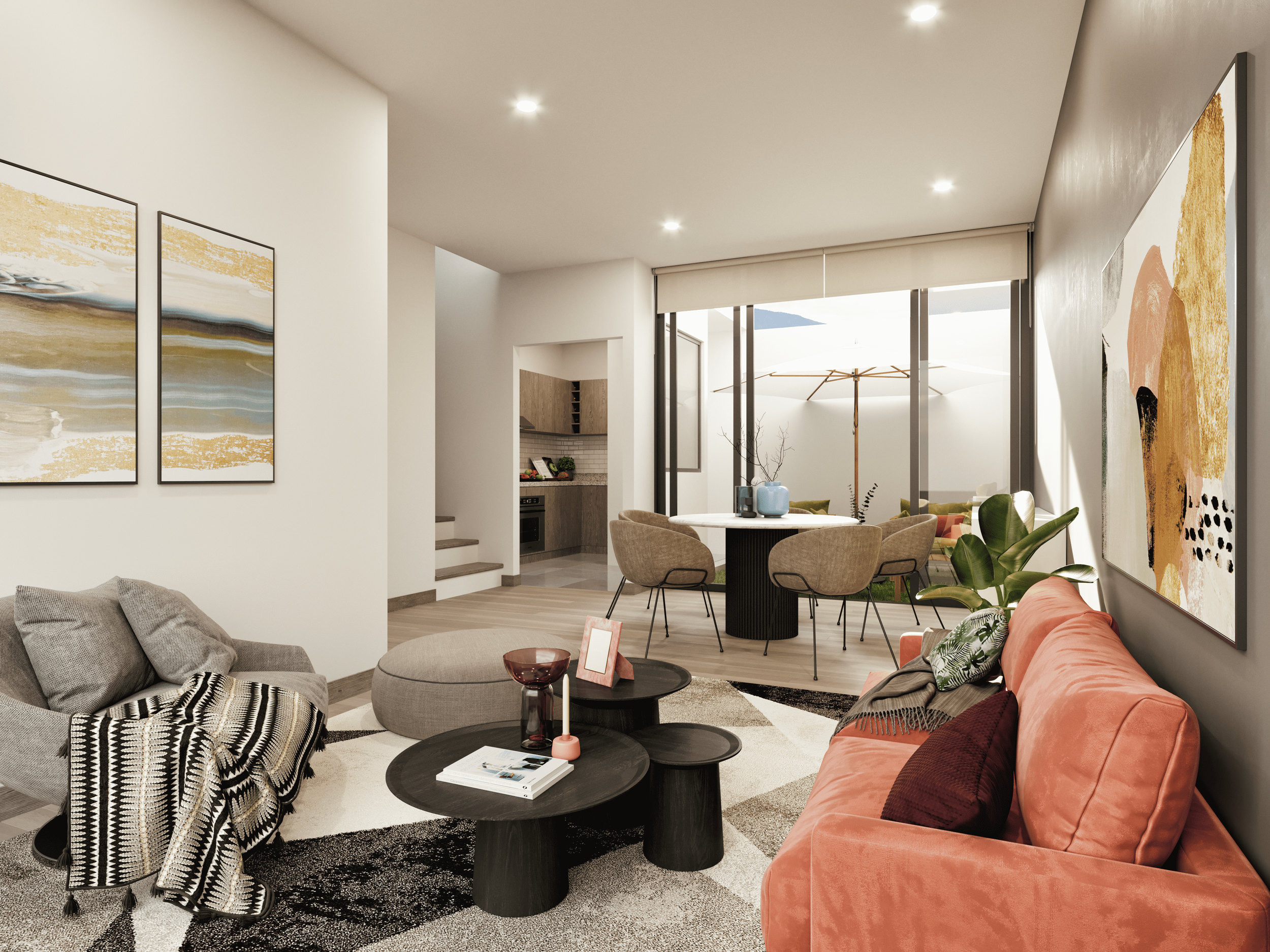 Sala de estar moderna con sillón gris, sofá naranja, mesas negras, arte abstracto en las paredes, área de comedor con sillas beige, cocina en el fondo y área exterior con sombrilla y plantas.