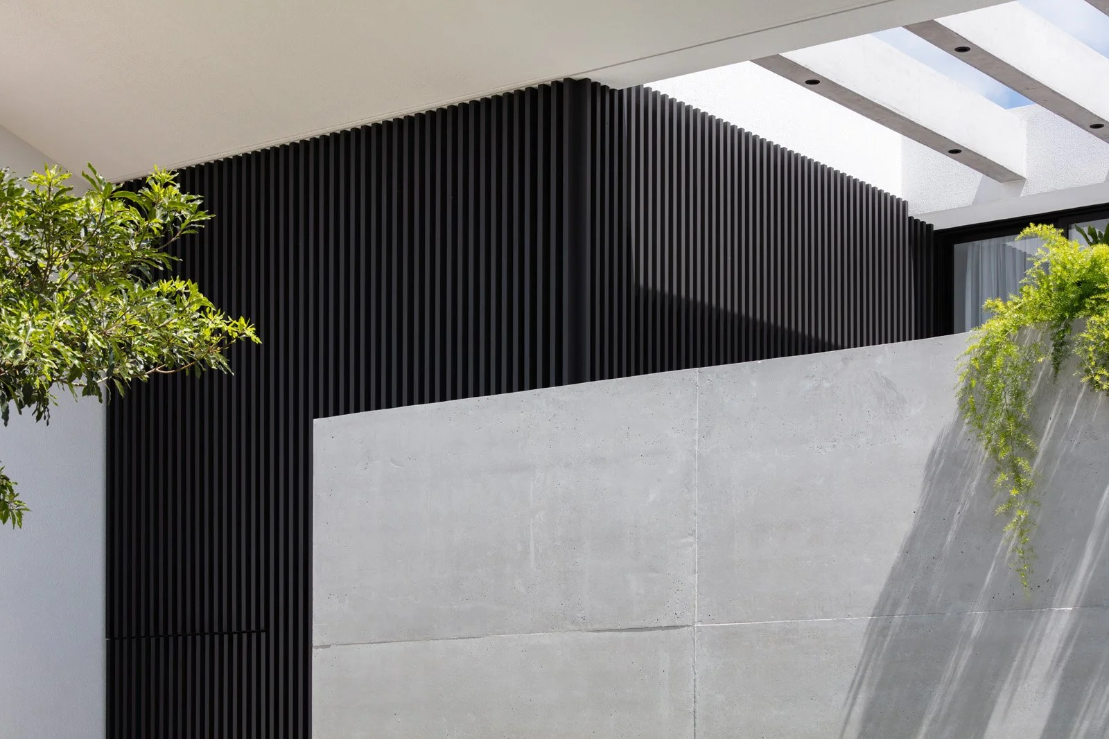 Vista moderna de un edificio con paredes de concreto gris y detalles en madera negra, con plantas verdes y ventanas con cortinas blancas.