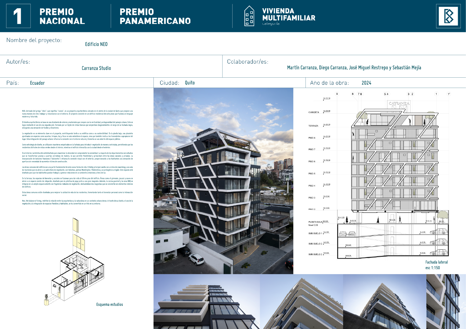 Proyecto arquitectónico de un edificio multifamiliar moderno llamado NEO en Quito, Ecuador, con detalles del diseño y estructura, planos y fotografías del edificio desde diferentes ángulos.