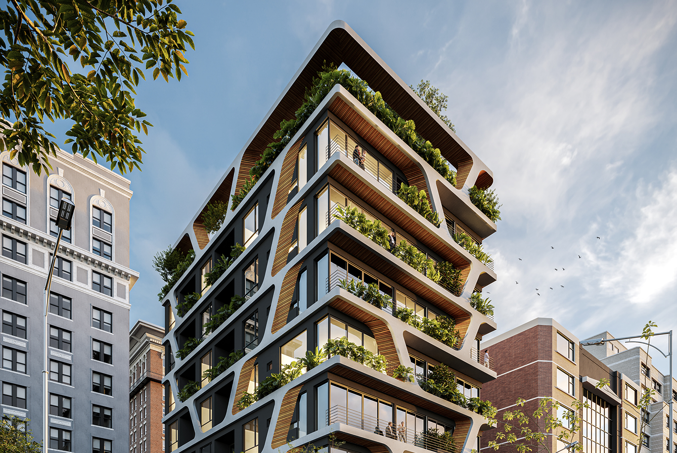 Edificio moderno con balcones con jardines en medio de edificios históricos, cielo despejado y aves volando.