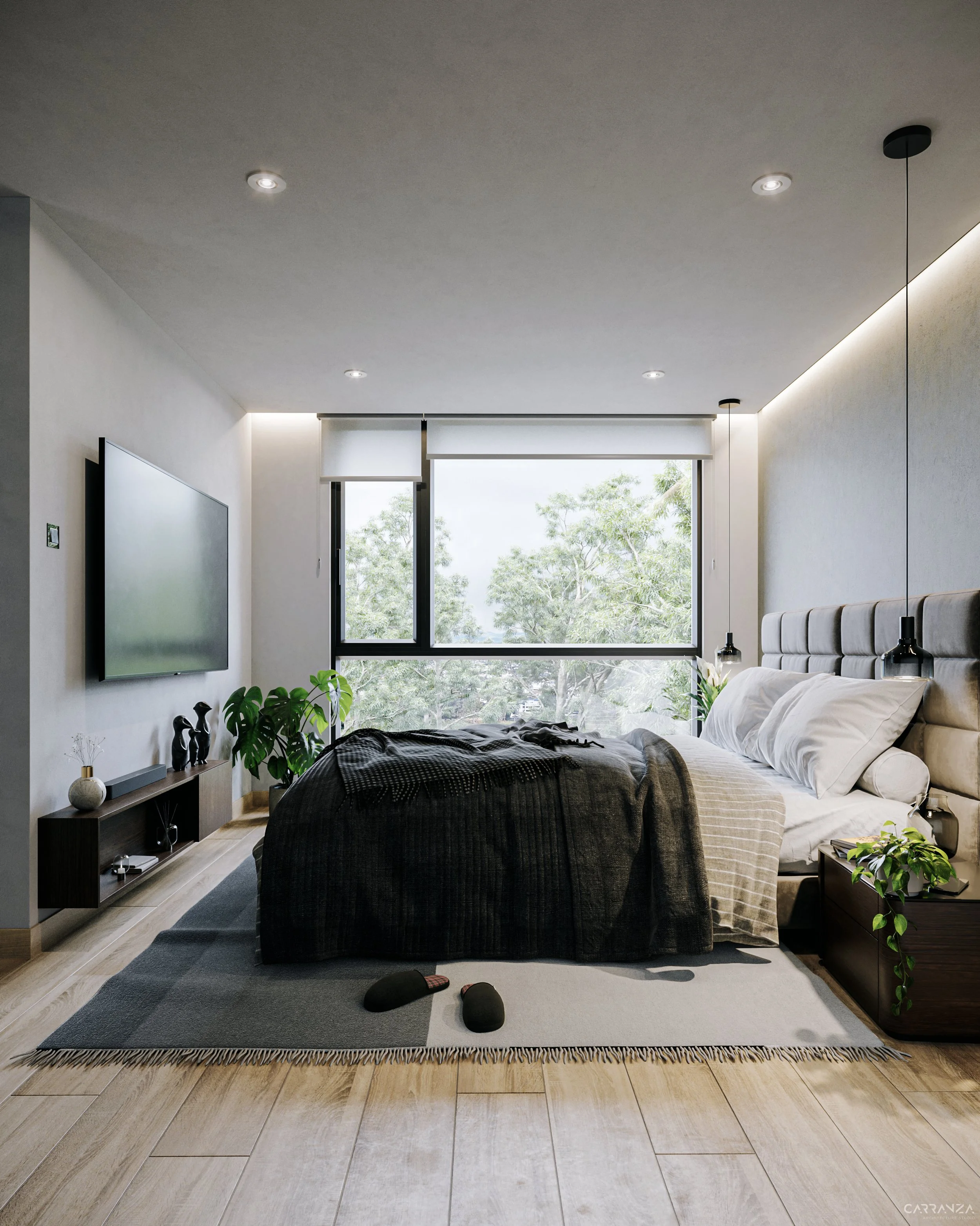 Habitat de dormitorio con cama, televisión, plantas y ventanas grandes con vista a árboles.