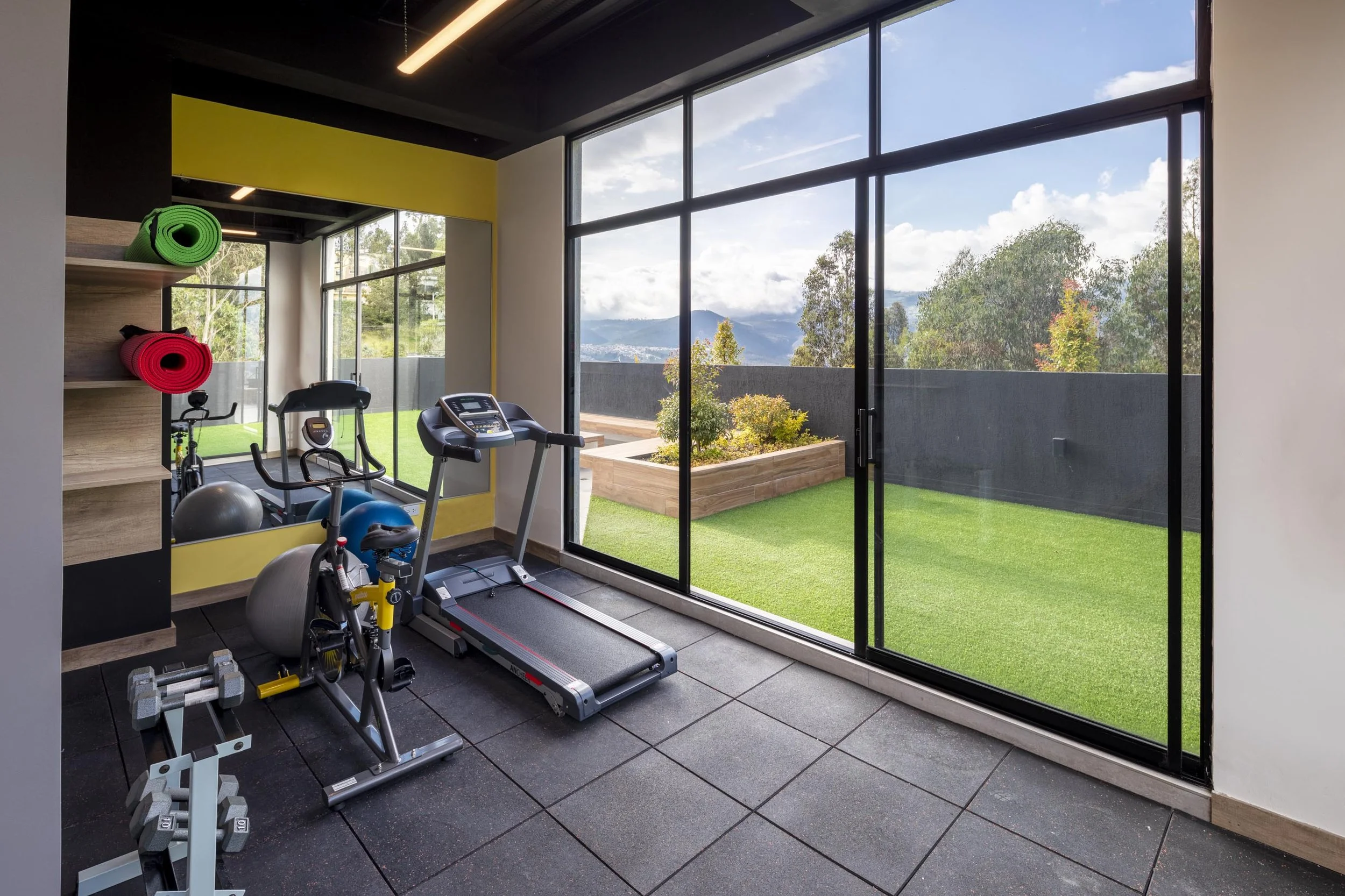 Espacio de gimnasio con treadmill, bicicleta estática, balón medicinal y pesas, con pared de espejo y ventanas que dan al jardín exterior.