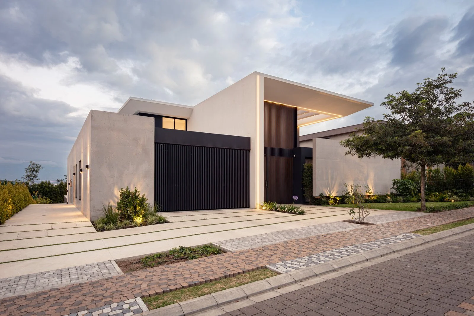 Casa moderna con diseño minimalista, estructura de concreto blanco, puertas y ventanas negras, rodeada de plantas y árboles, con camino de piedra y calles pavimentadas.