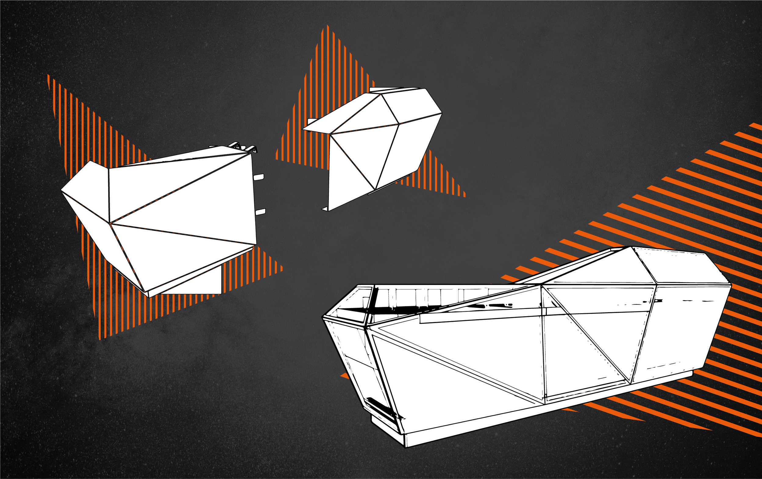 Dibujo técnico de varias estructuras geométricas en línea blanca con fondos en negro y detalles en naranja, que parecen ser modelos o componentes de ingeniería o arquitectura.