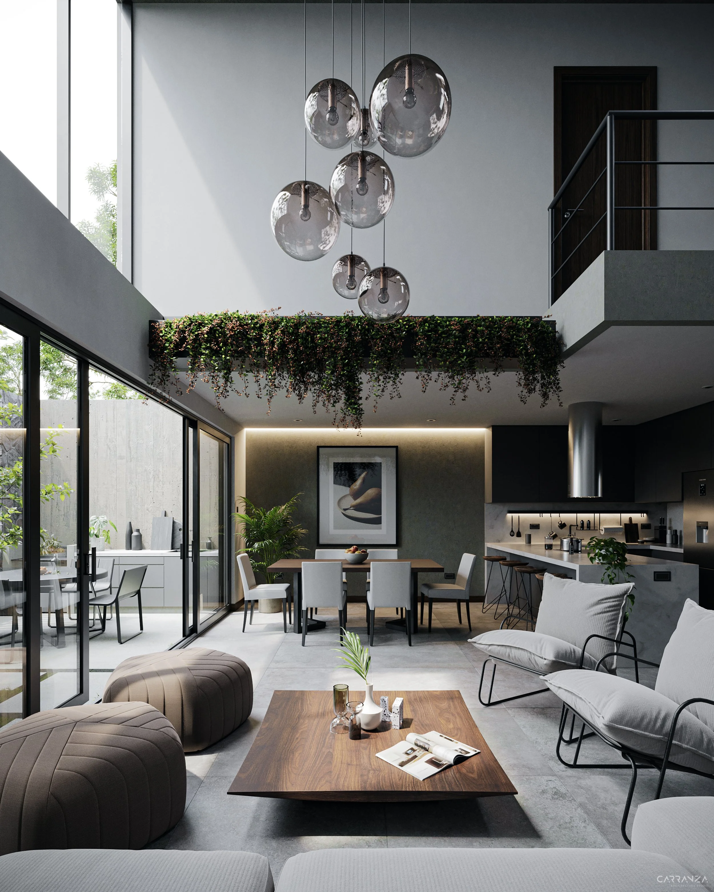 Interior moderno de sala de estar y comedor en una casa con gran ventanal, muebles elegantes, plantas y una iluminación ambiental cálida.