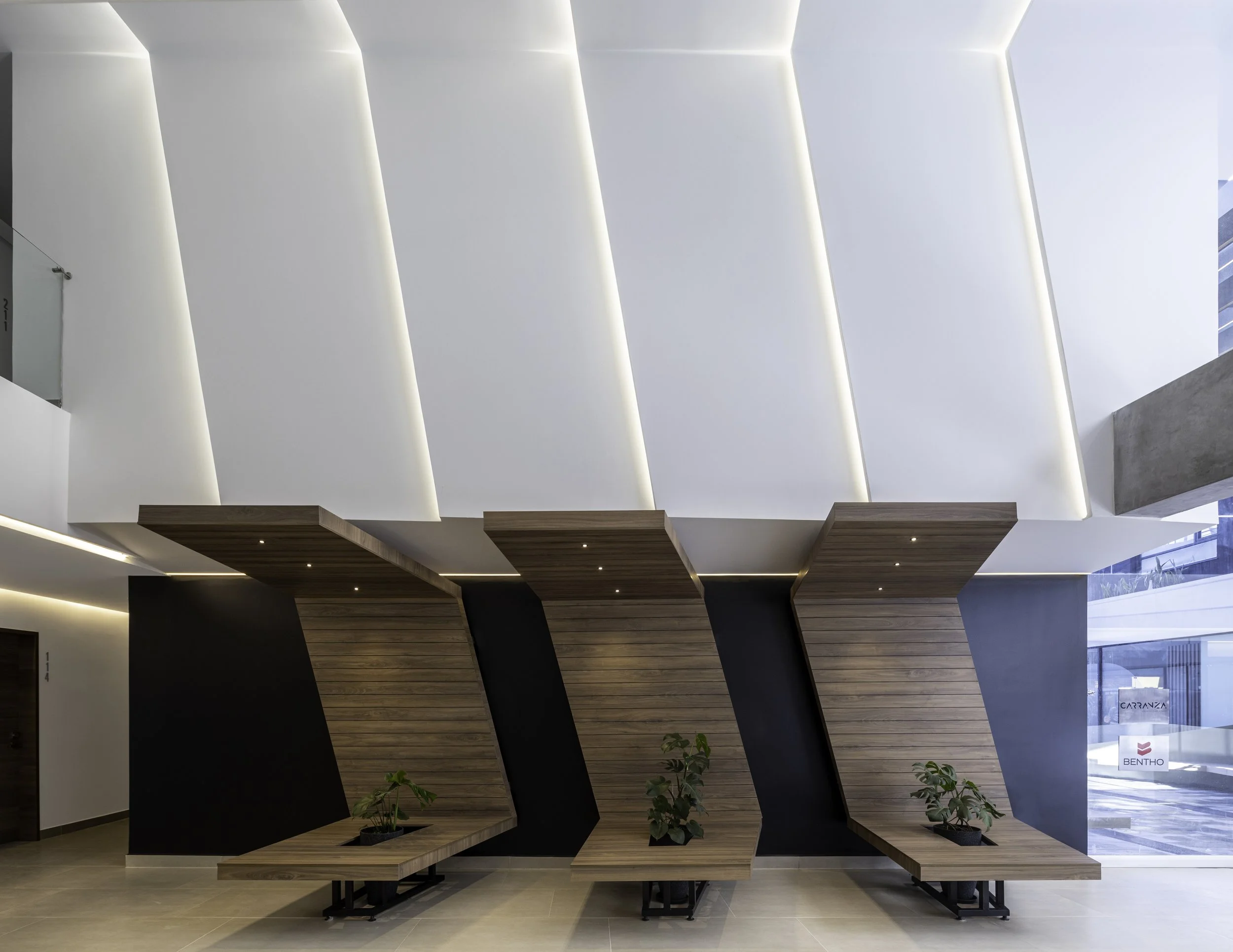 Interior moderno con paredes blancas, techos inclinados con iluminación integrated, y estructuras de madera en forma de asientos o bancos con plantas en macetas.