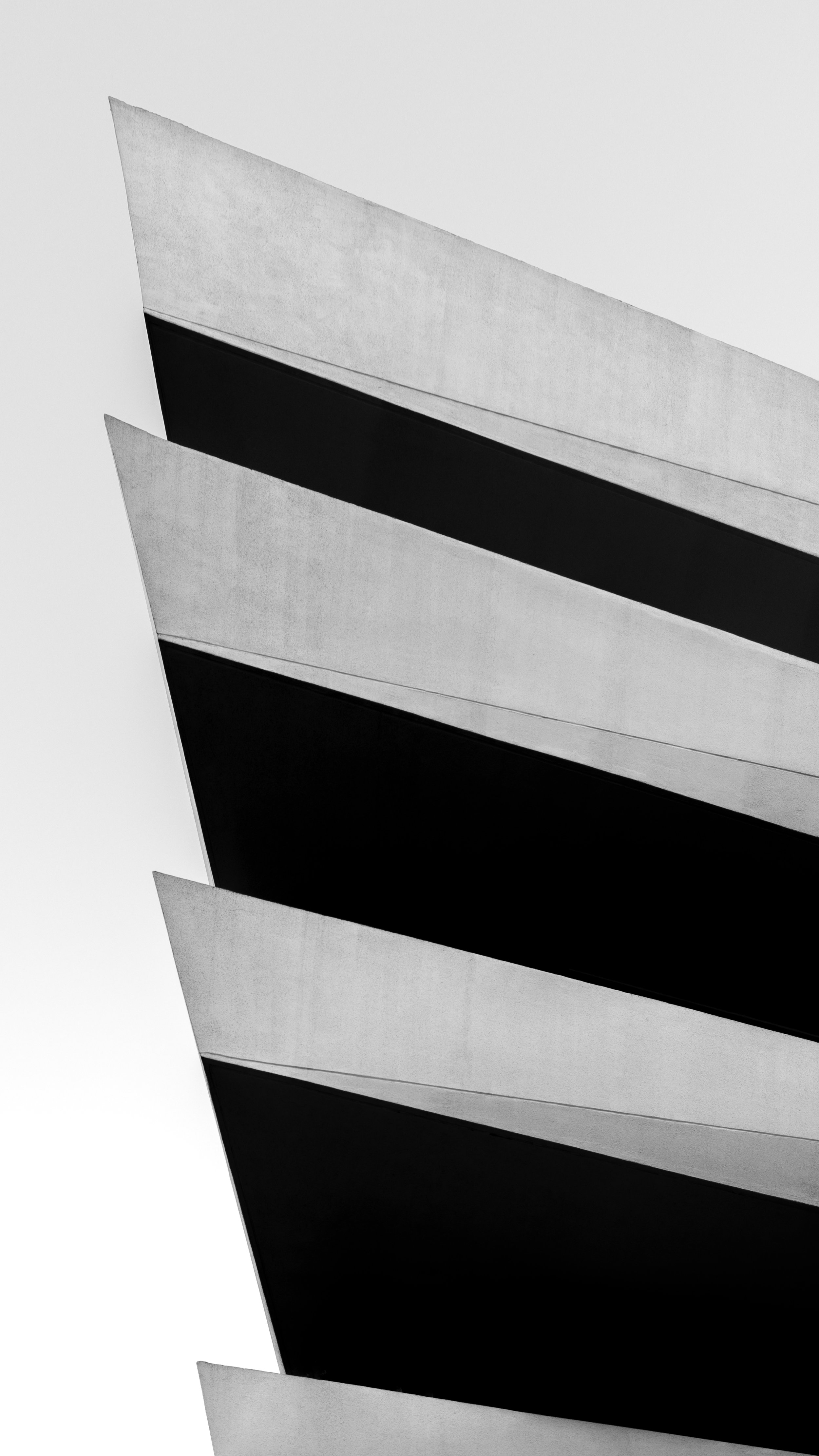 Fotografía en blanco y negro de un edificio con varias terrazas inclinadas en línea, con líneas limpias y modernas.