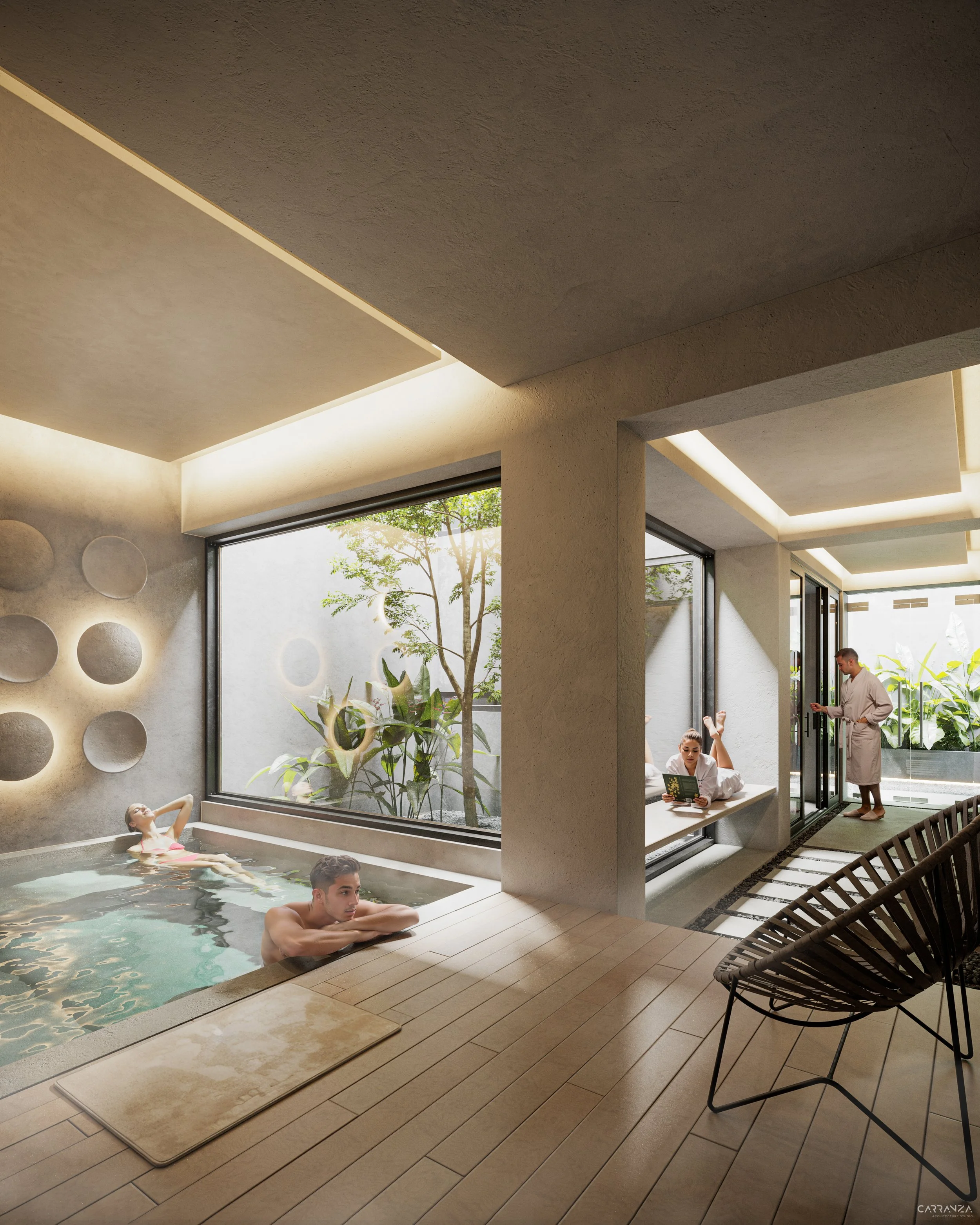 Interior moderno de spa con piscina cubierta, dos personas en la piscina, una leyendo y otra relax, gran ventana con vista a plantas exteriores, persona en batas revisando teléfono, mobiliario minimalista