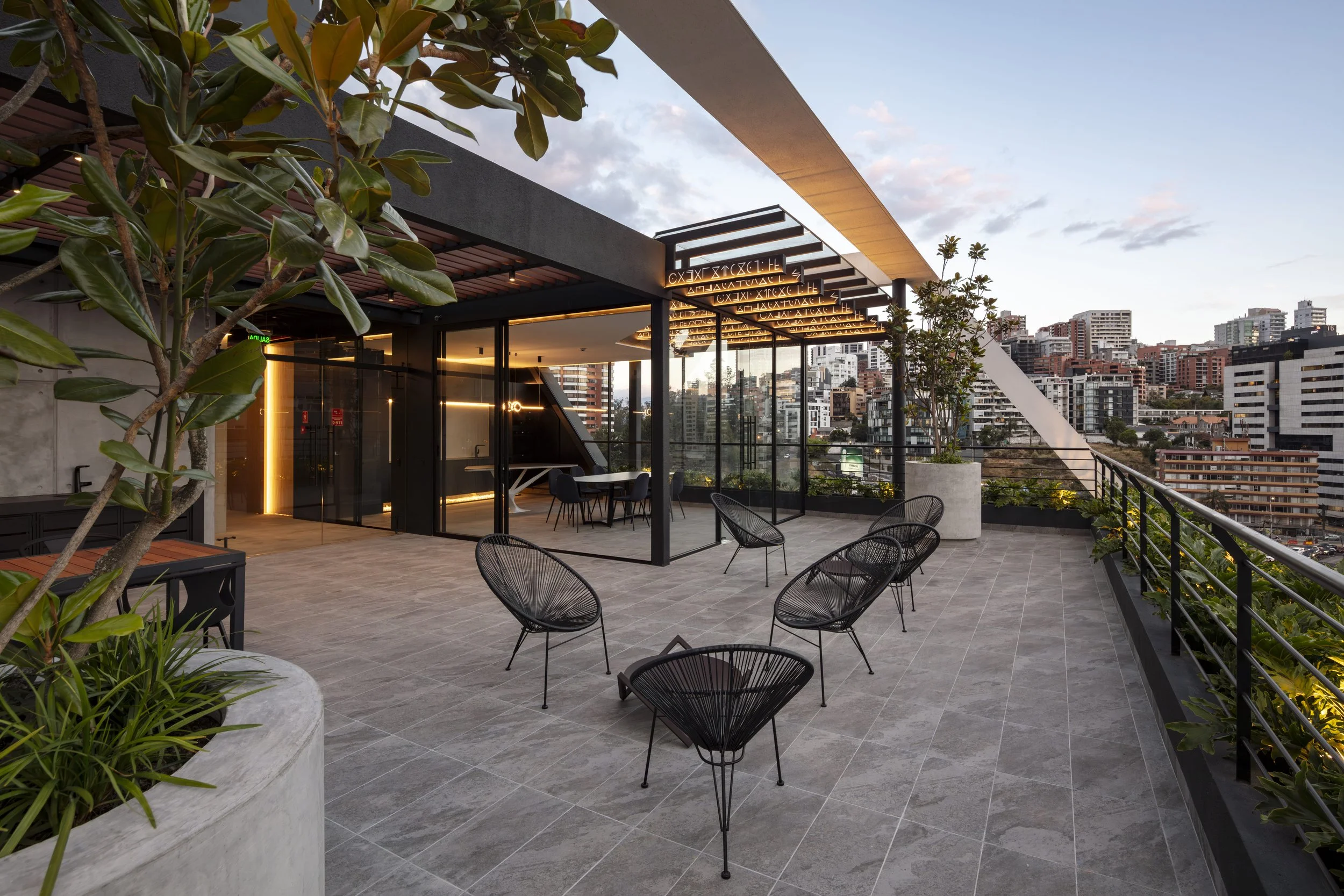 Quito vista de terraza de un edificio moderno con sillas de diseño, plantas en macetas grandes, y vista a edificios altos en una ciudad al atardecer.