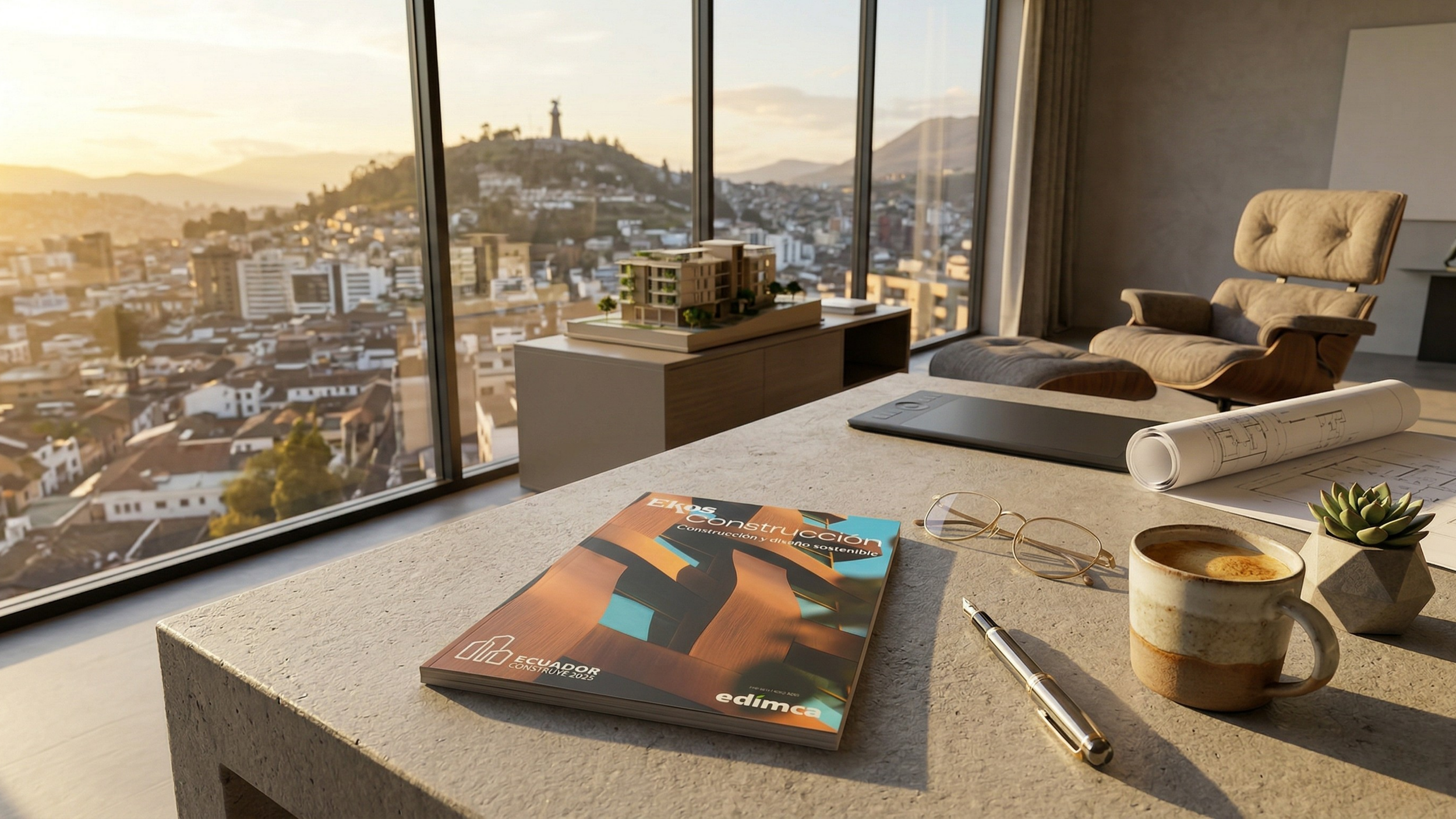 Mesa de oficina con revista de construcción, gafas, bolígrafo, taza de café, planta suculenta y modelo de edificio en una habitación con vista a la ciudad y al cerro con la estatua del Cristo Redentor al fondo.