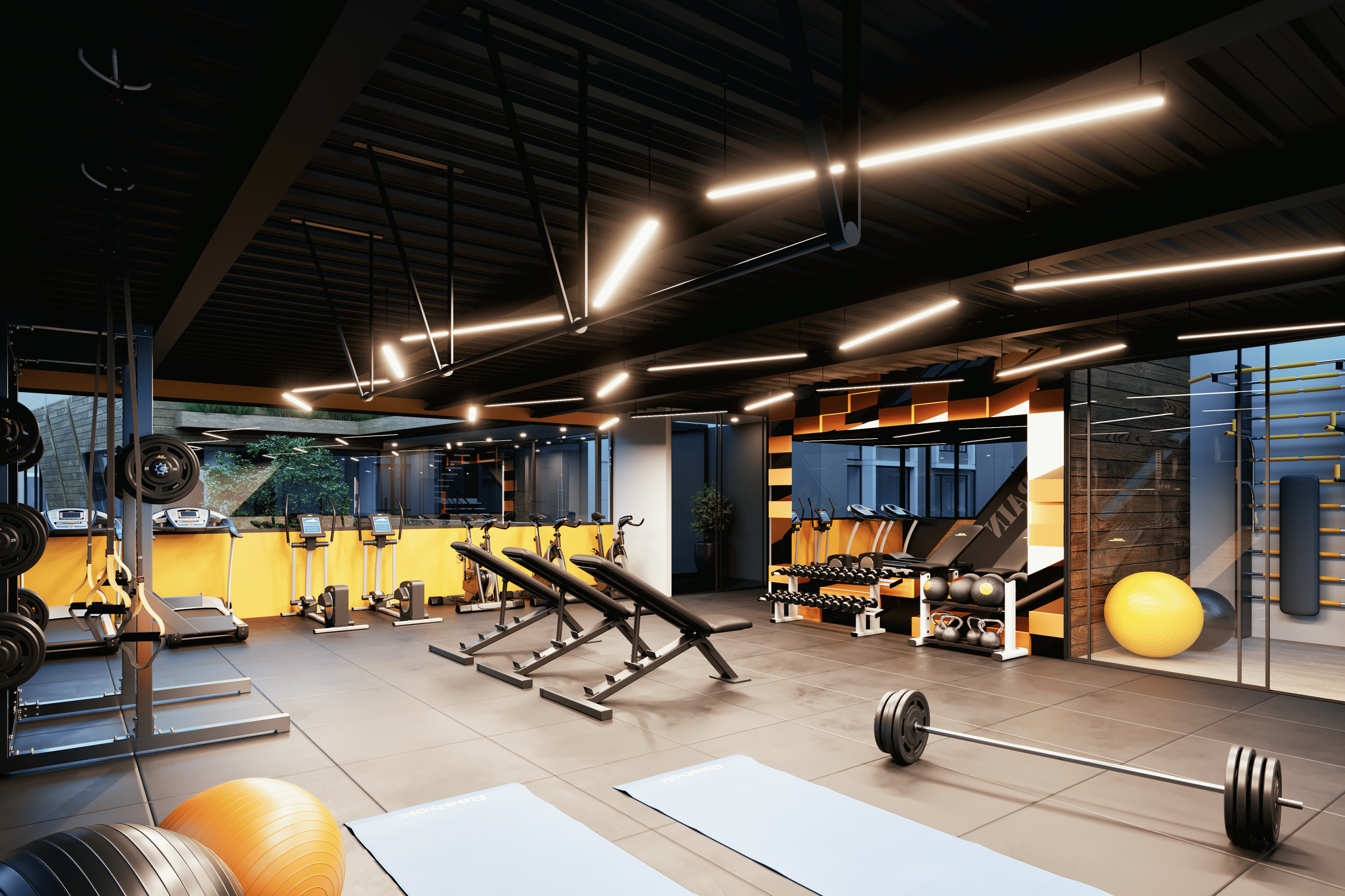 Interior de un gimnasio moderno con equipo de entrenamiento, pesas, pelotas y máquinas de cardio en un ambiente bien iluminado.