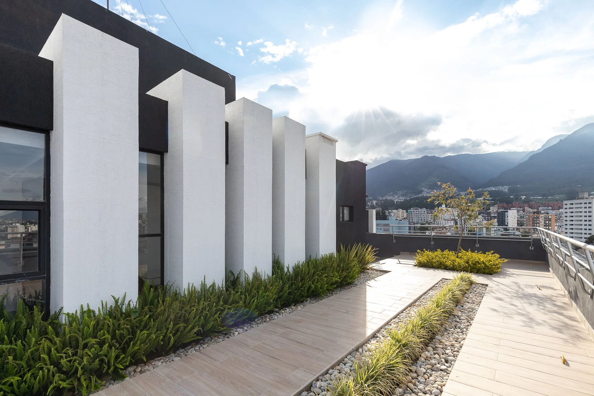 Terraza en la azotea con vista a la ciudad y montañas, con plantas y un camino de piedra.