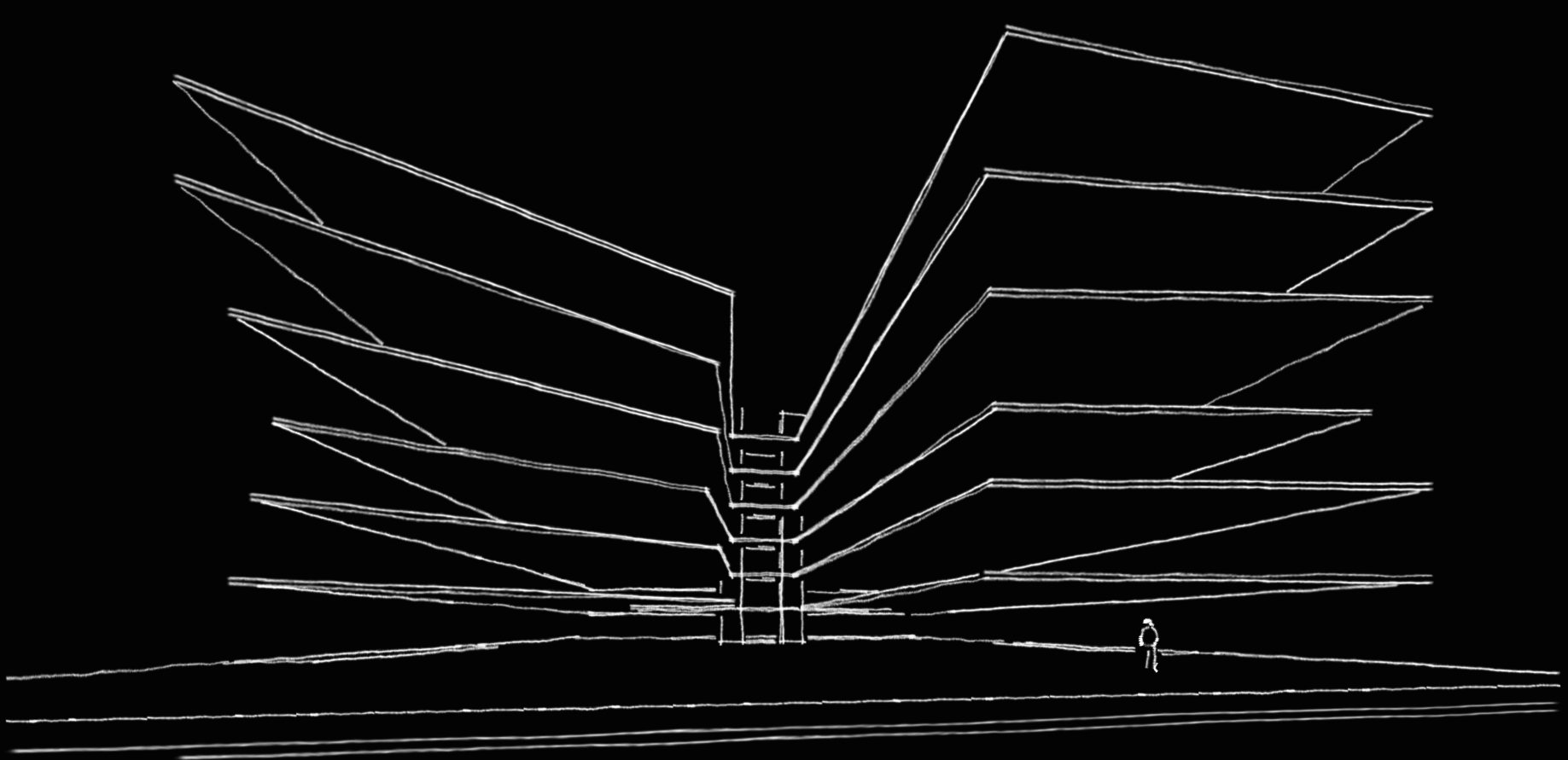 Ilustración arquitectónica de un edificio moderno con líneas blancas en fondo negro, una persona de pie frente a la estructura.
