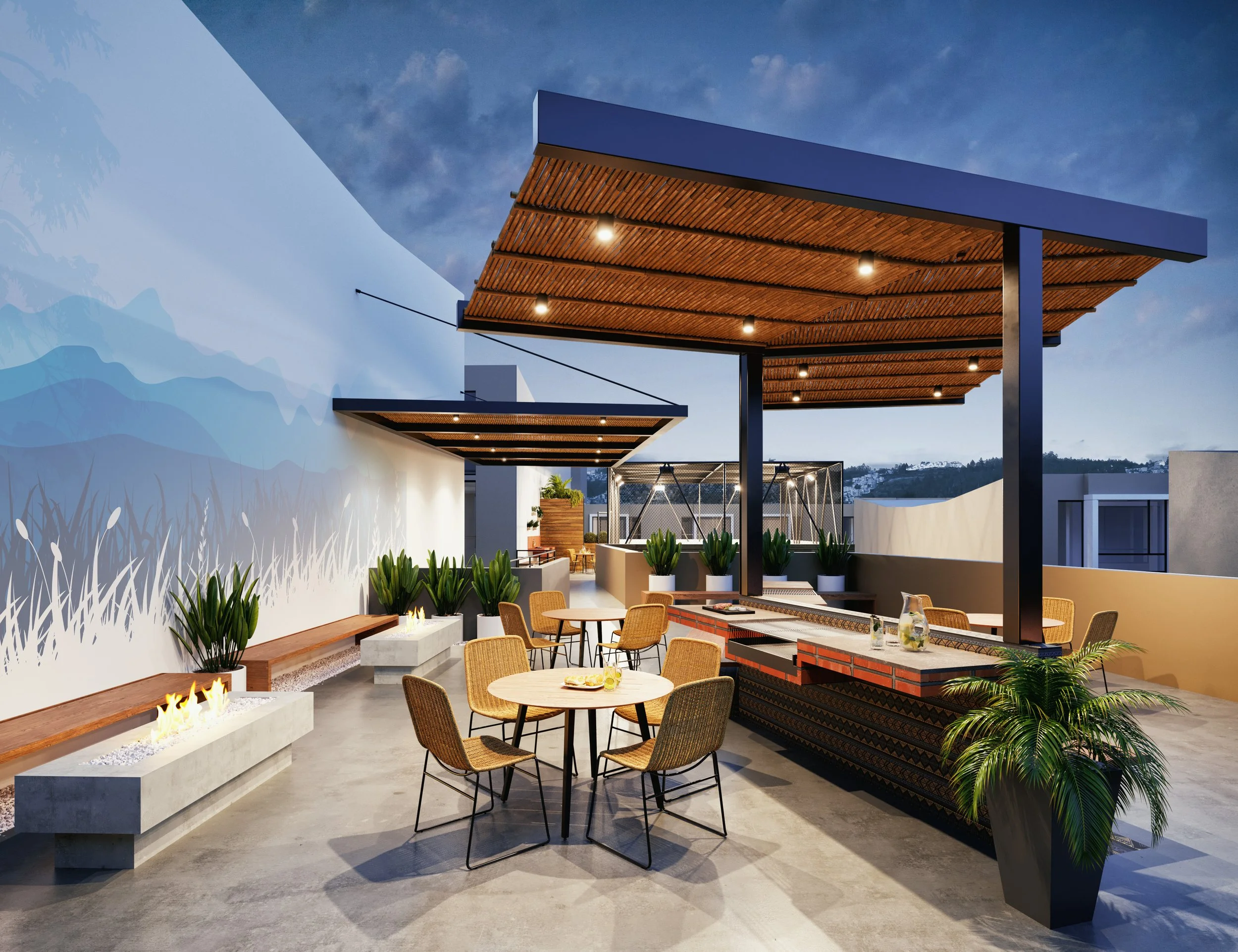 Terraza moderna con mesas y sillas, plantas, área con fuego y pérgolas de madera en la noche.